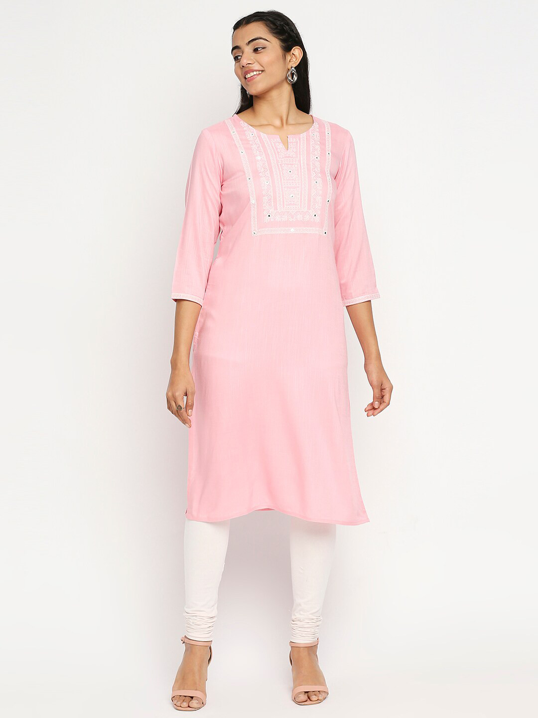 

Ethnicity Women Pink Yoke Design Mirror Work Straight Kurta