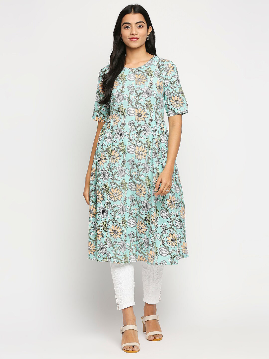 

Ethnicity Woman Sea Green Floral Printed Pure Cotton Anarkali Kurta
