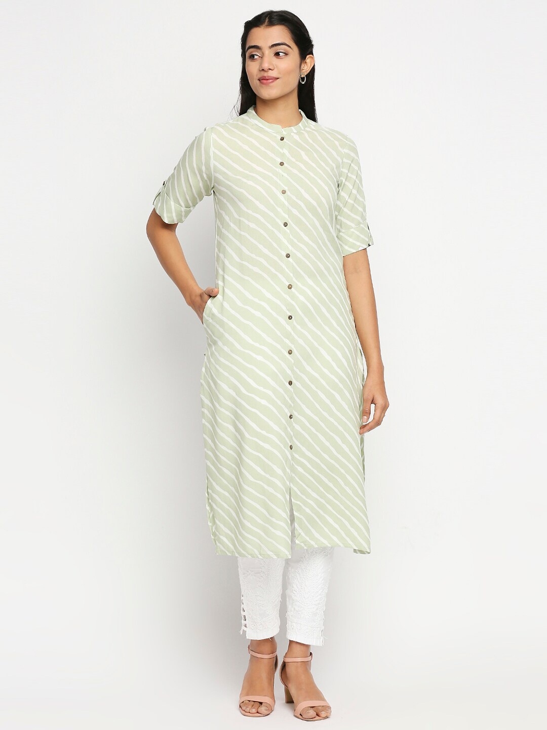 

Ethnicity Green & White Leheriya Printed Kurti