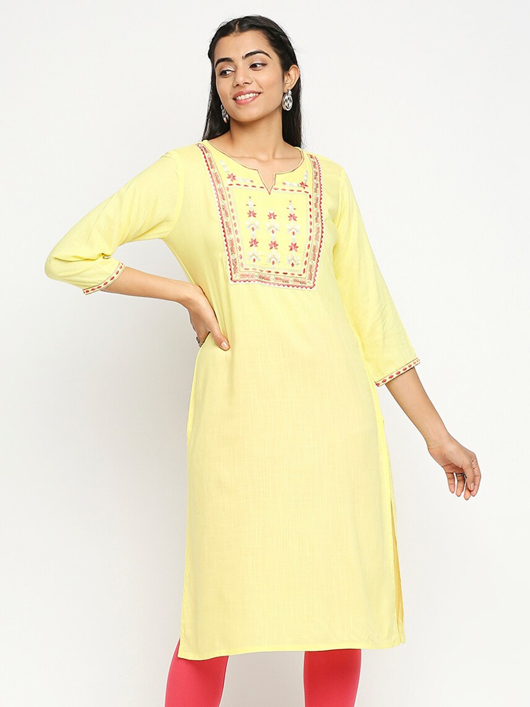 

Ethnicity Geometric Embroidered Notched Neck Cotton Kurta, Yellow