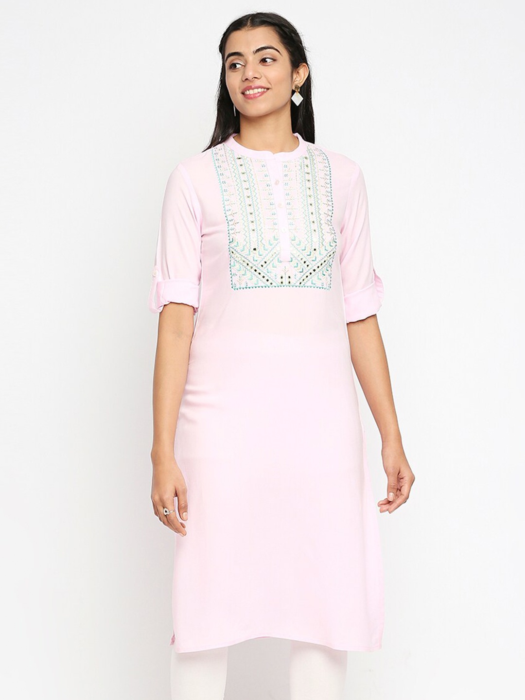 

Ethnicity Pink & Turquoise Blue Floral Embroidered Mirror Work Kurti