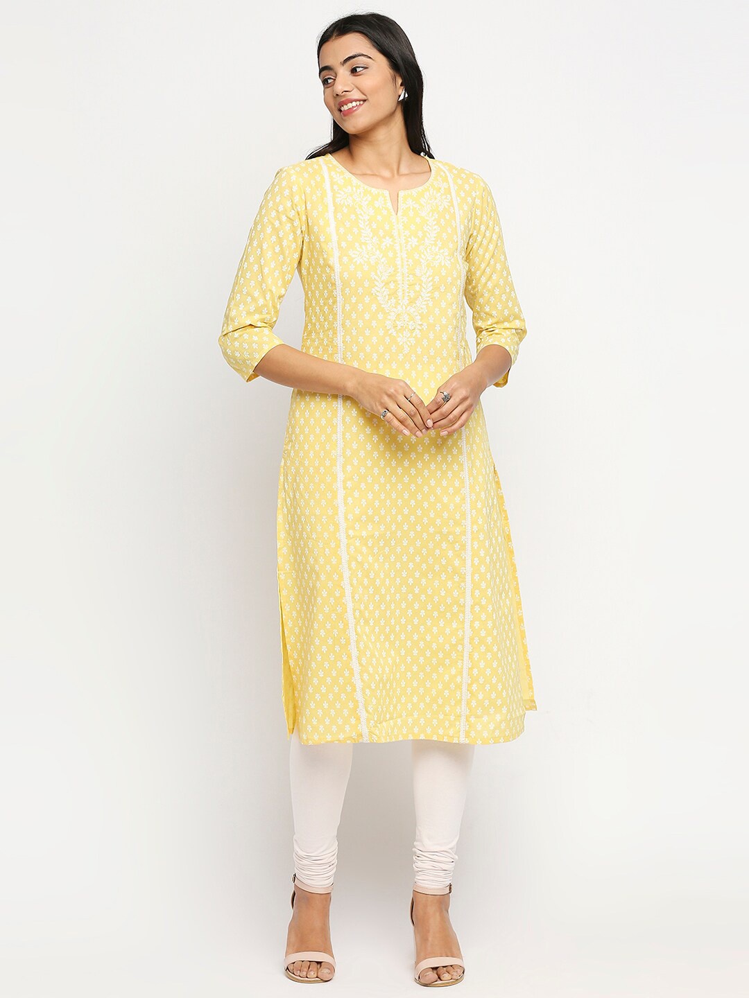 

Ethnicity Women Yellow & White Floral Printed Pure Cotton Kurta