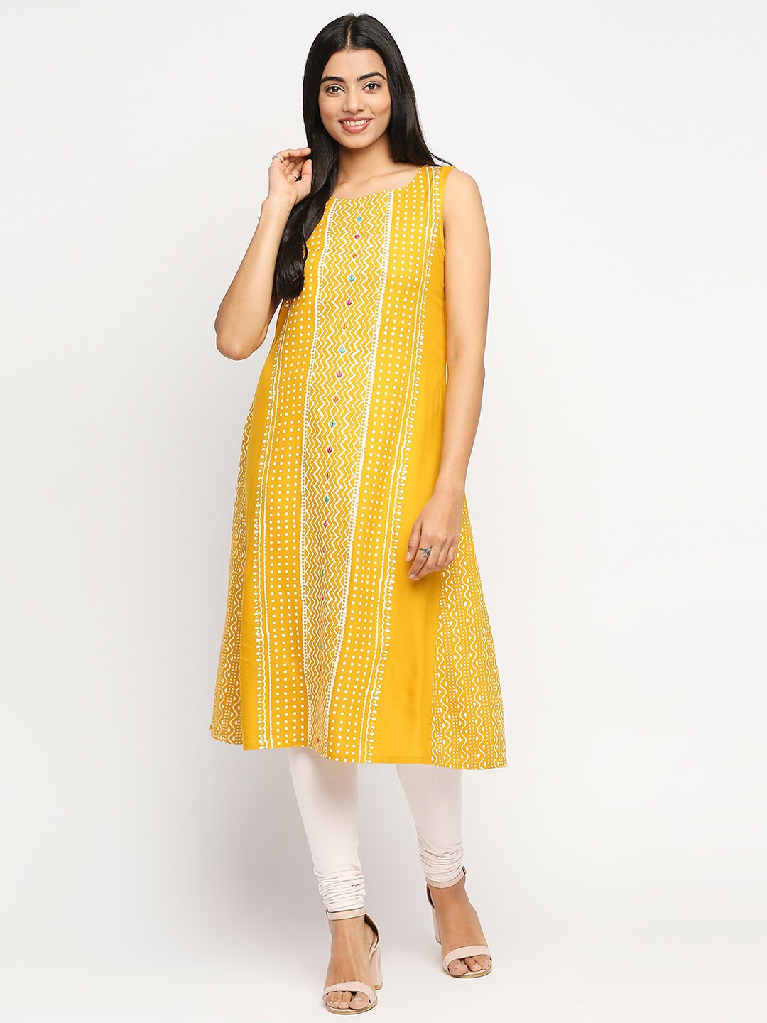 

Ethnicity Women Yellow & White Geometric Printed Anarkali Kurti
