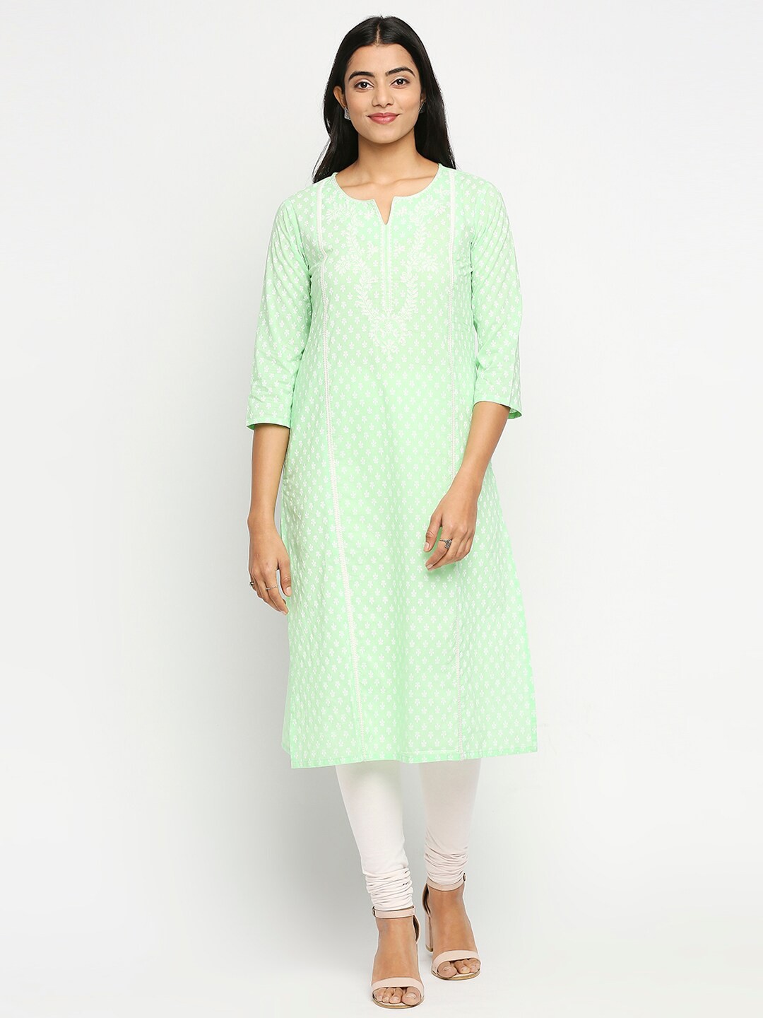 

Ethnicity Green & White Ethnic Motifs Printed Pure Cotton Panelled Kurti