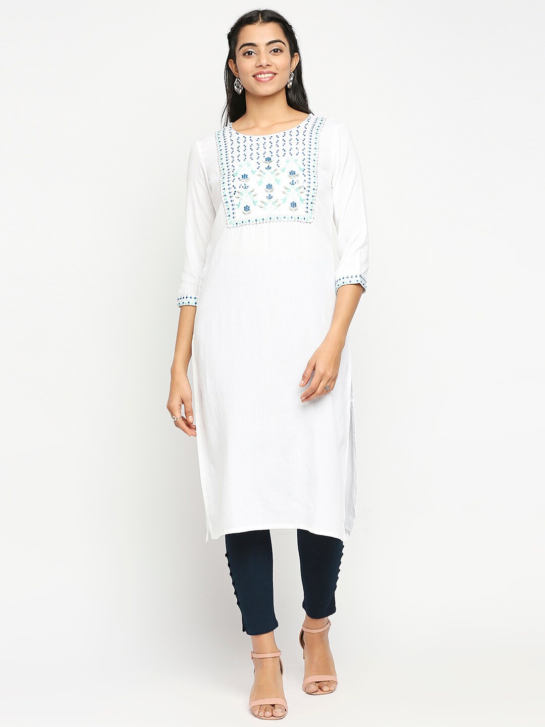 

Ethnicity Women Floral Embroidered Kurta, White