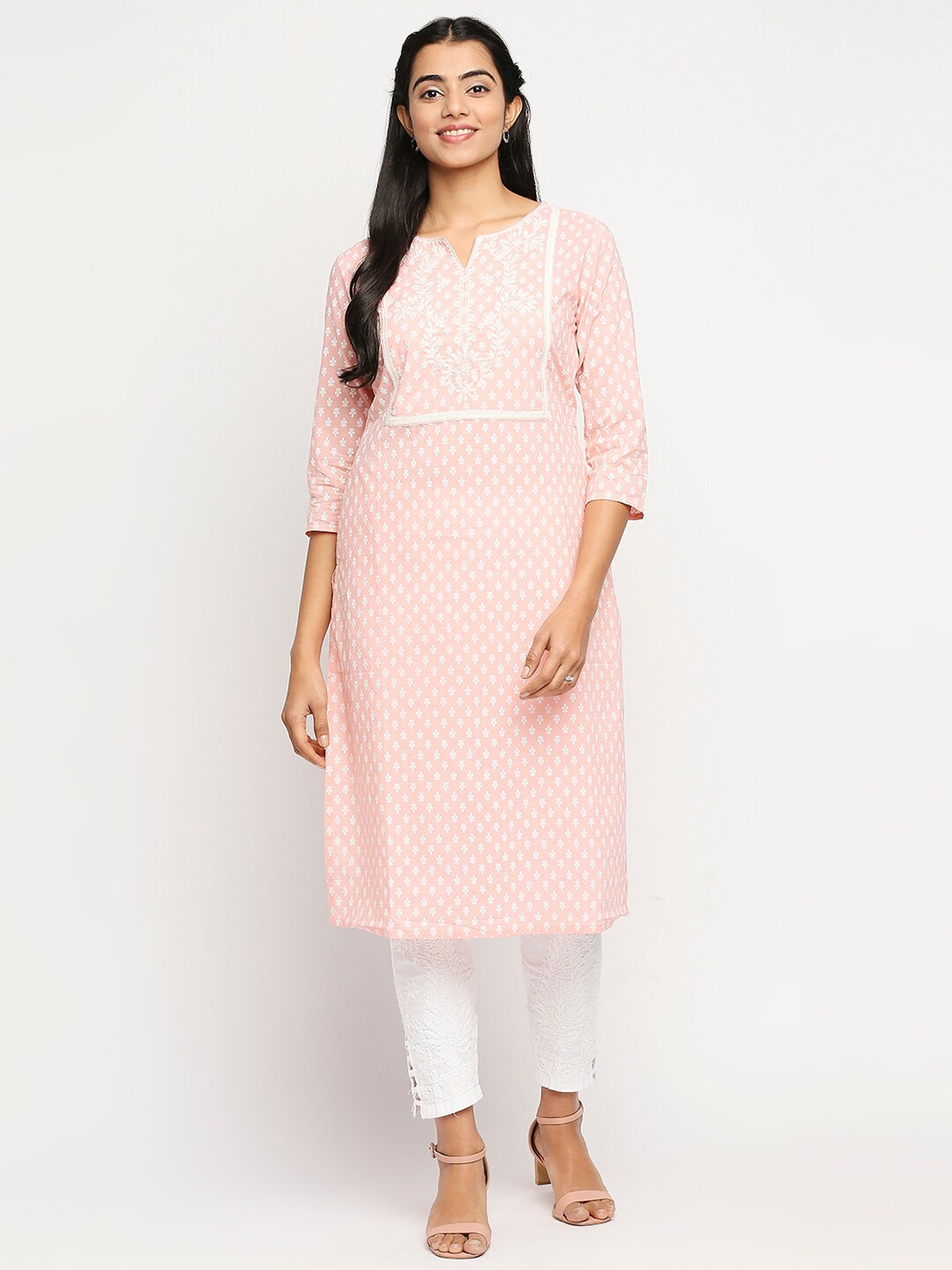 

Ethnicity Women Peach-Coloured & White Ethnic Motifs Yoke Design Thread Work Kurta