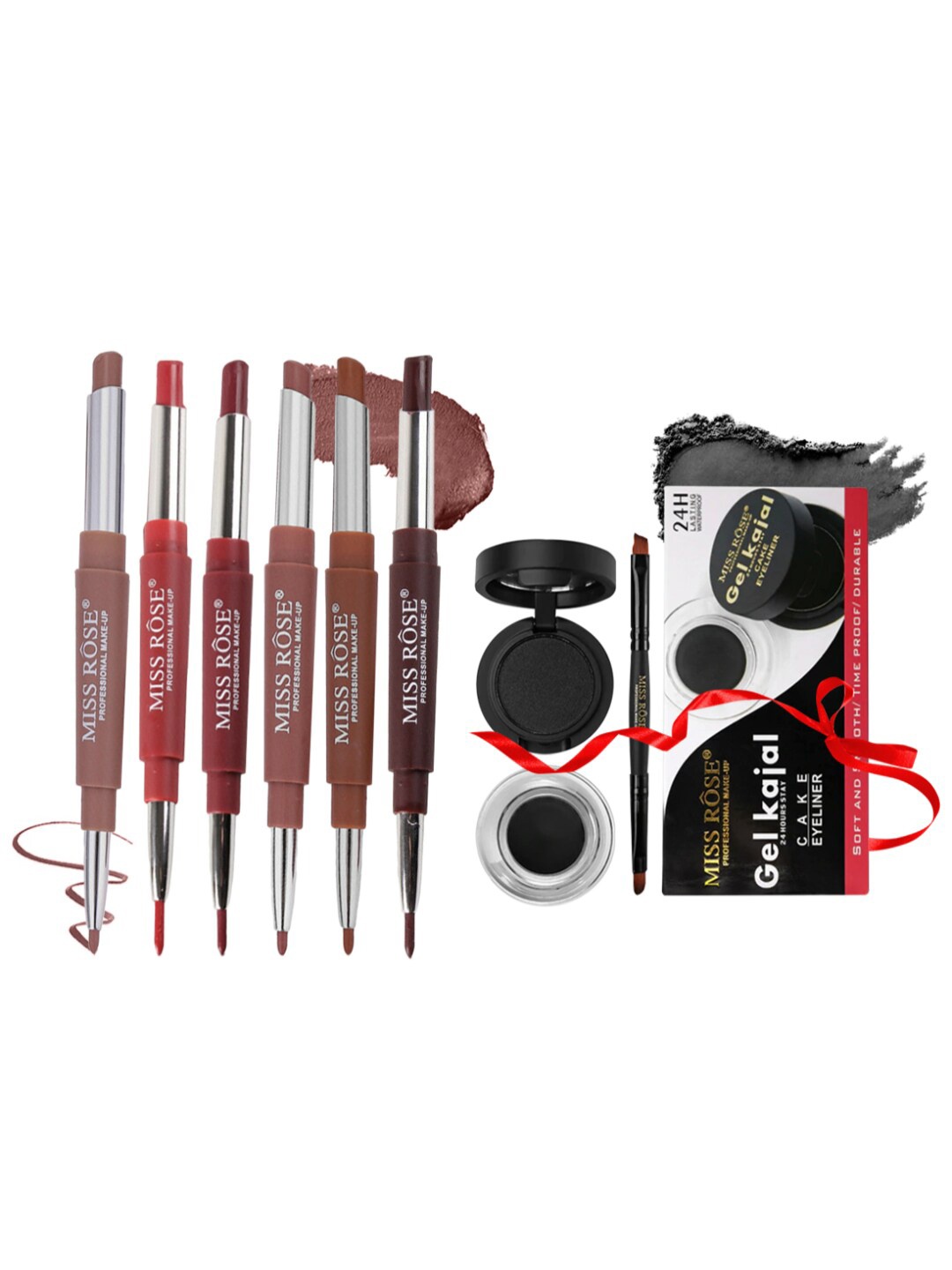 

MISS ROSE Set of Cake Eyeliner-Gel Kajal & 6 Matte 2-in-1 Lipstick, Multi