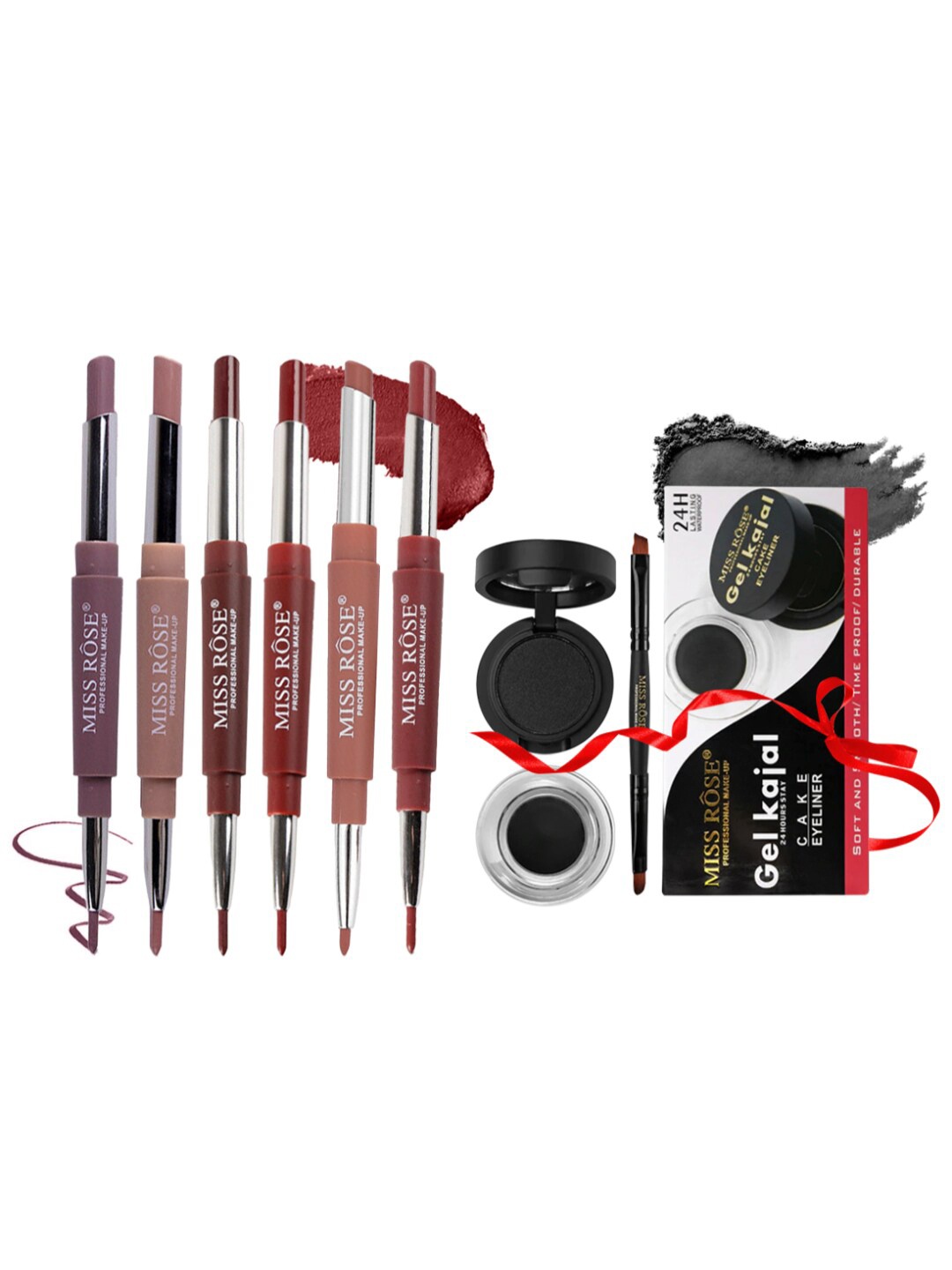 

MISS ROSE Set of Gel Kajal with Cake Eyeliner & 6 Matte 2-in-1 Lipstick, Multi