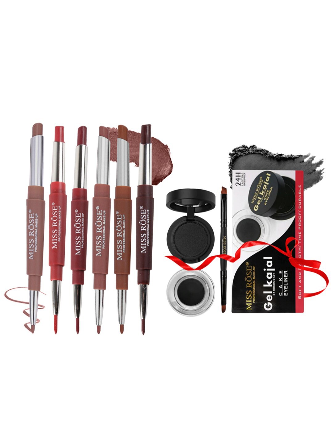 

MISS ROSE Set of Gel Kajal with Cake Eyeliner & 6 Matte 2-in-1 Lipstick, Multi