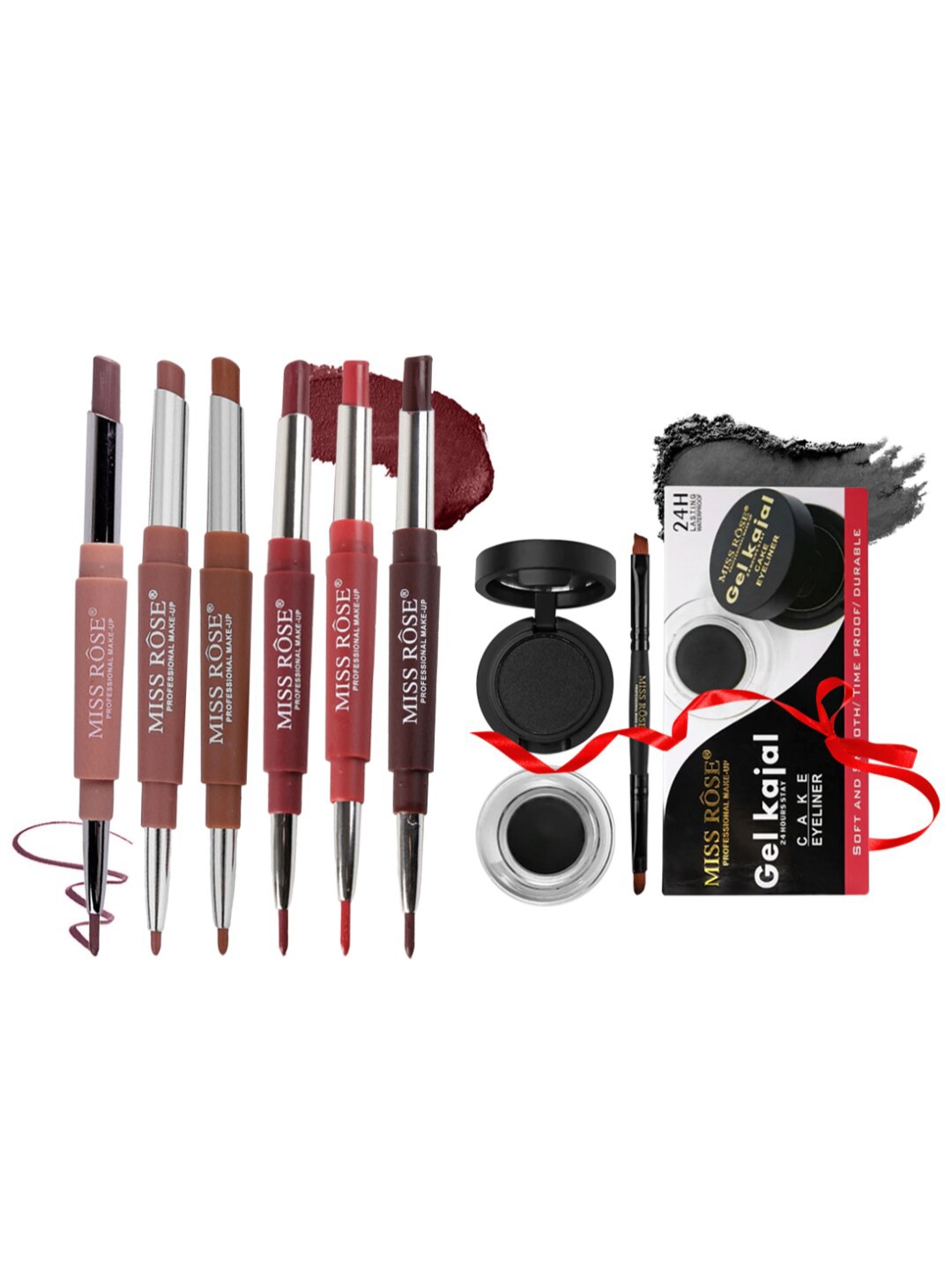 

MISS ROSE Set of Gel Kajal with Cake Eyeliner & 6 Matte 2-in-1 Lipstick, Multi