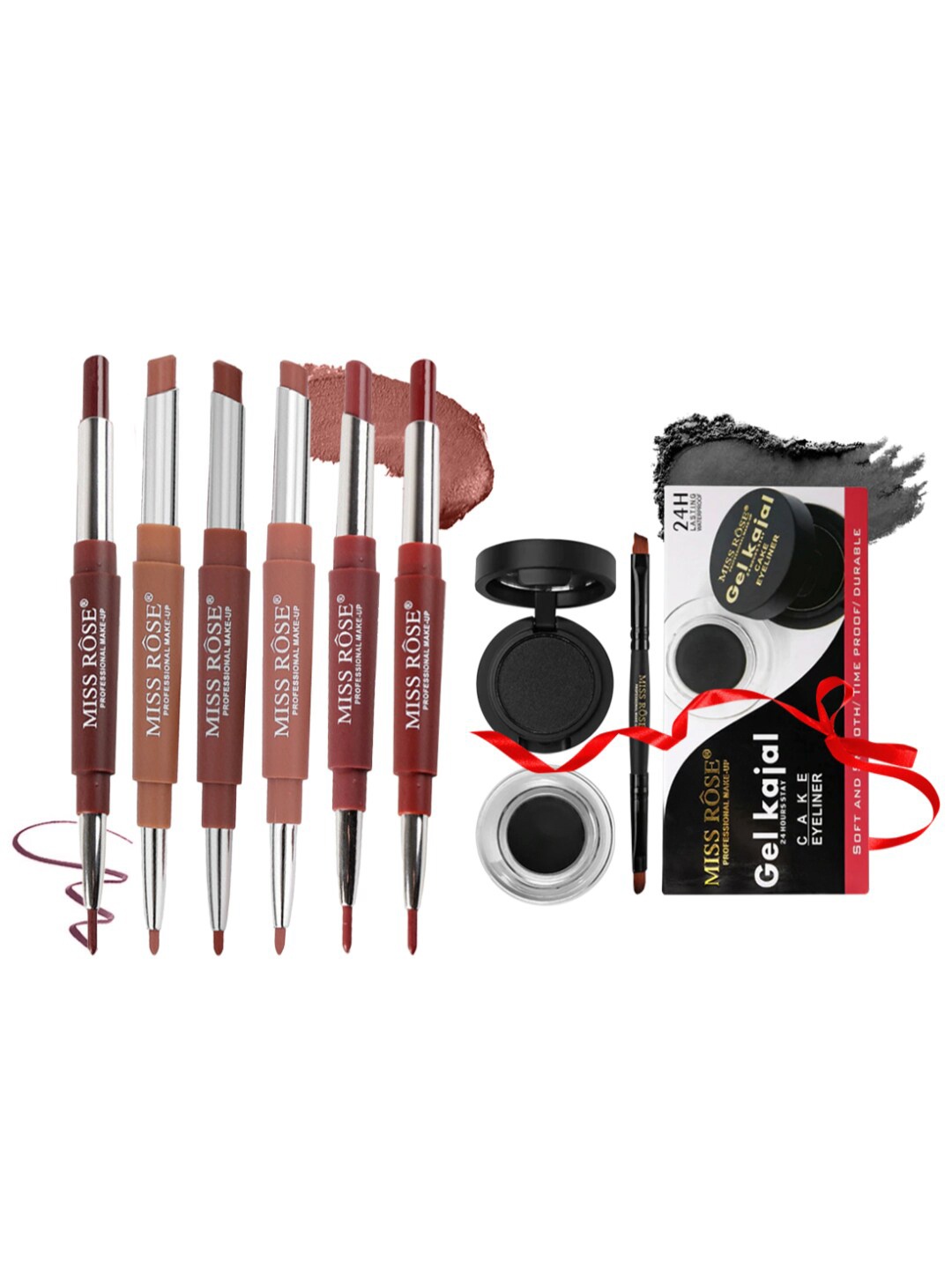 

MISS ROSE Set of Gel Kajal with Cake Eyeliner & 6 Matte 2-in-1 Lipstick, Multi