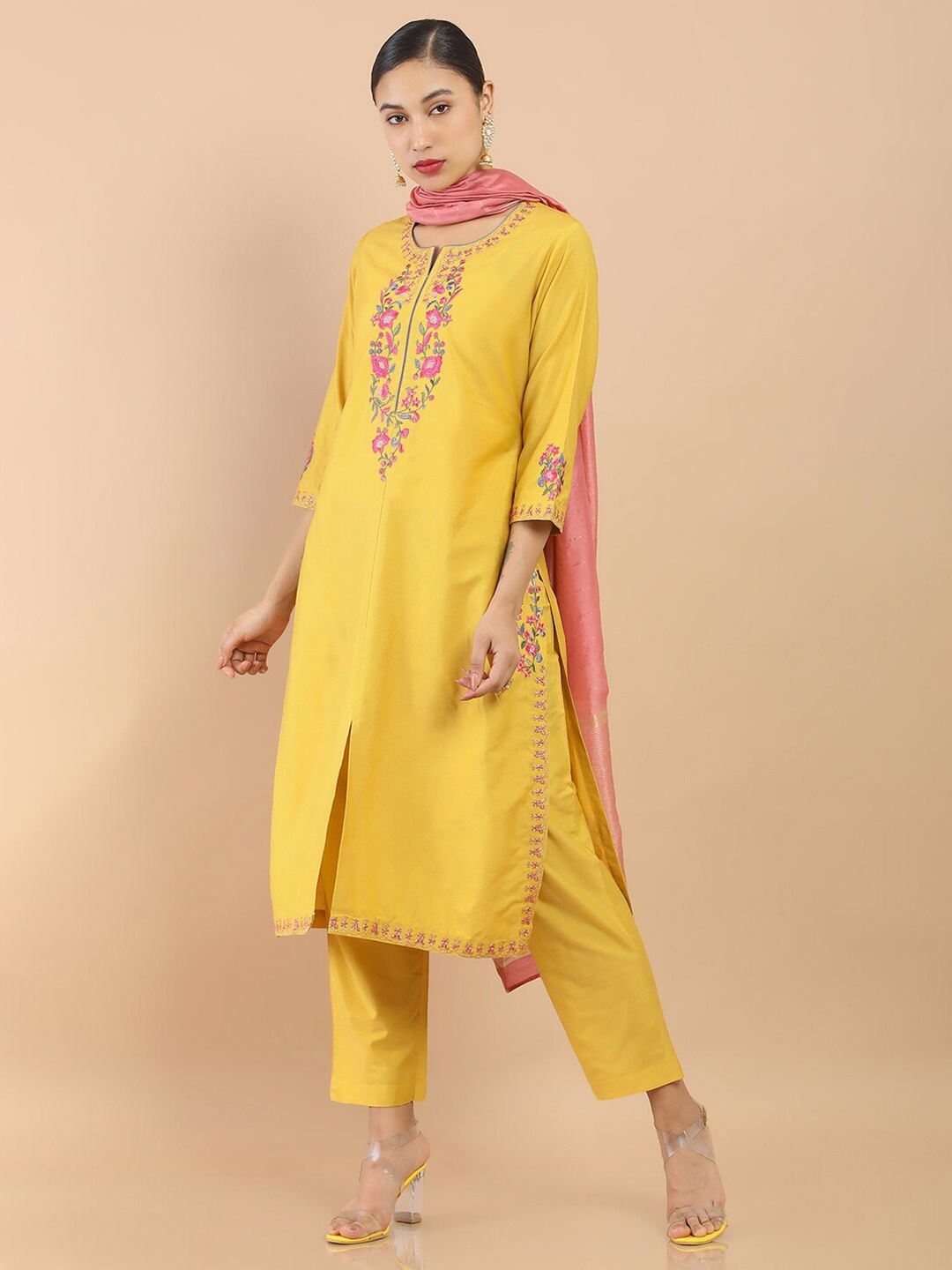 

Soch Women Yellow Embroidered Silk Kurta with Trousers & With Dupatta