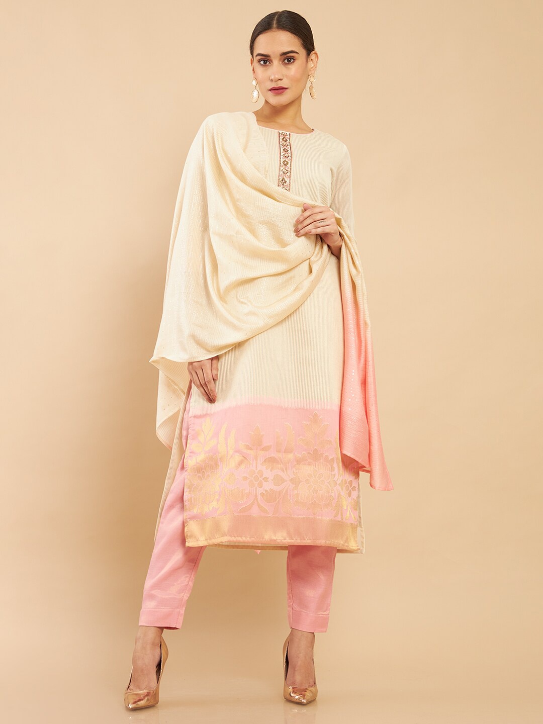 

Soch Women Beige Beads and Stones Silk Kurta with Trousers & With Dupatta