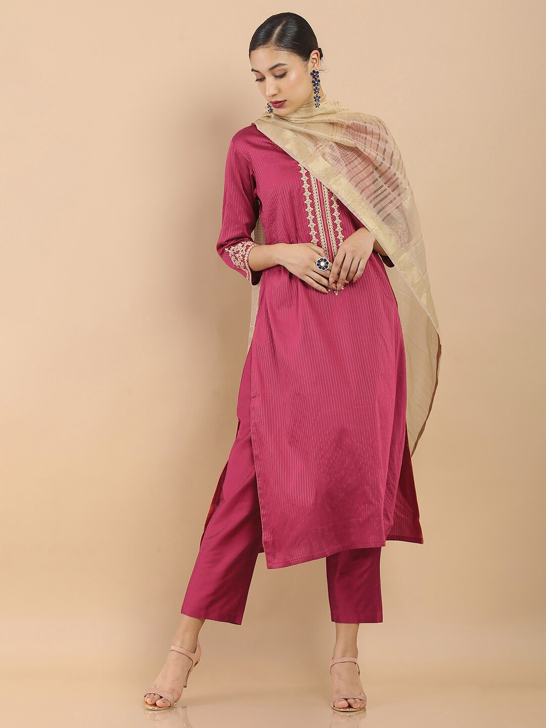 

Soch Women Purple Striped Thread Work Chanderi Kurta with Trousers & Dupatta