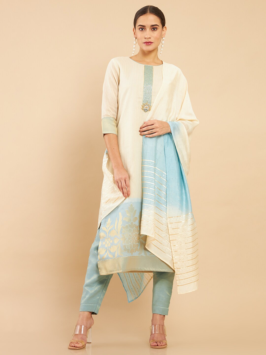 

Soch Women Beige & Blue Striped Silk Kurta with Trousers & With Dupatta