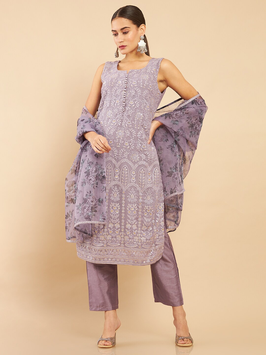 

Soch Women Purple Embroidered Georgette Kurta with Trousers & Dupatta