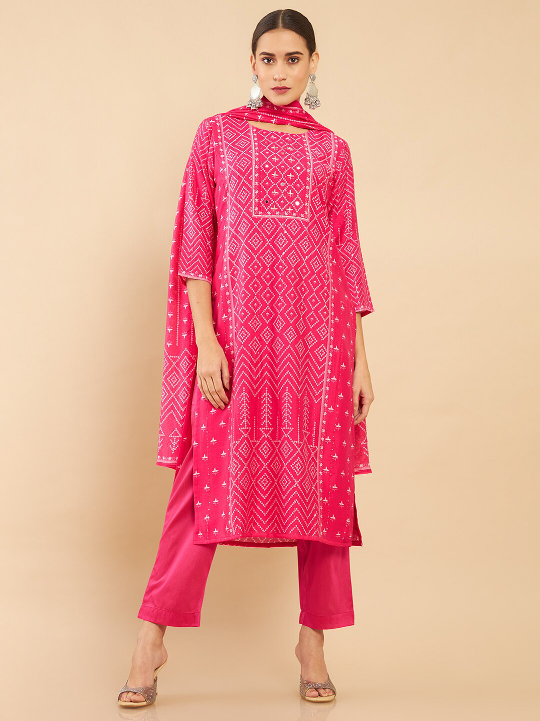

Soch Women Pink Chanderi Bandhani Printed Kurta with Trousers & With Dupatta
