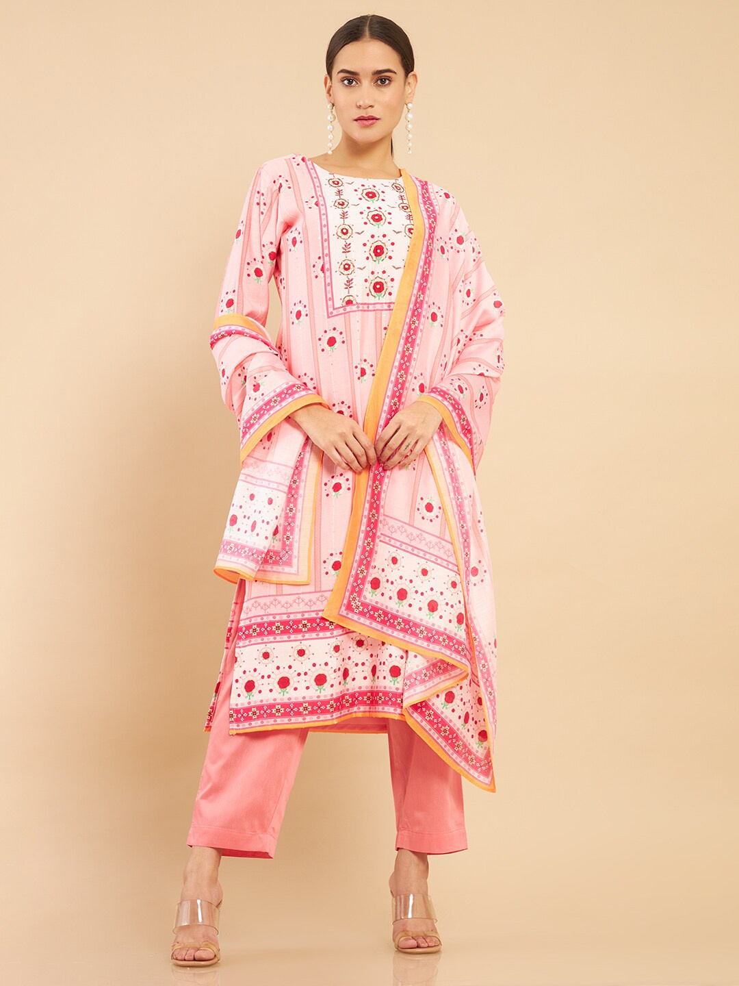 

Soch Floral Printed Beads Chanderi Kurta With Dupatta & Dupatta, Pink