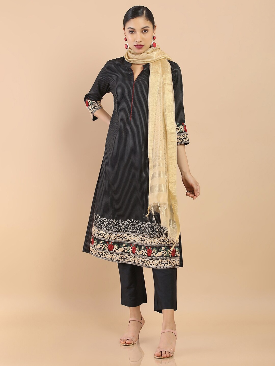 

Soch Women Black Striped Chanderi Kurta with Trousers & With Dupatta