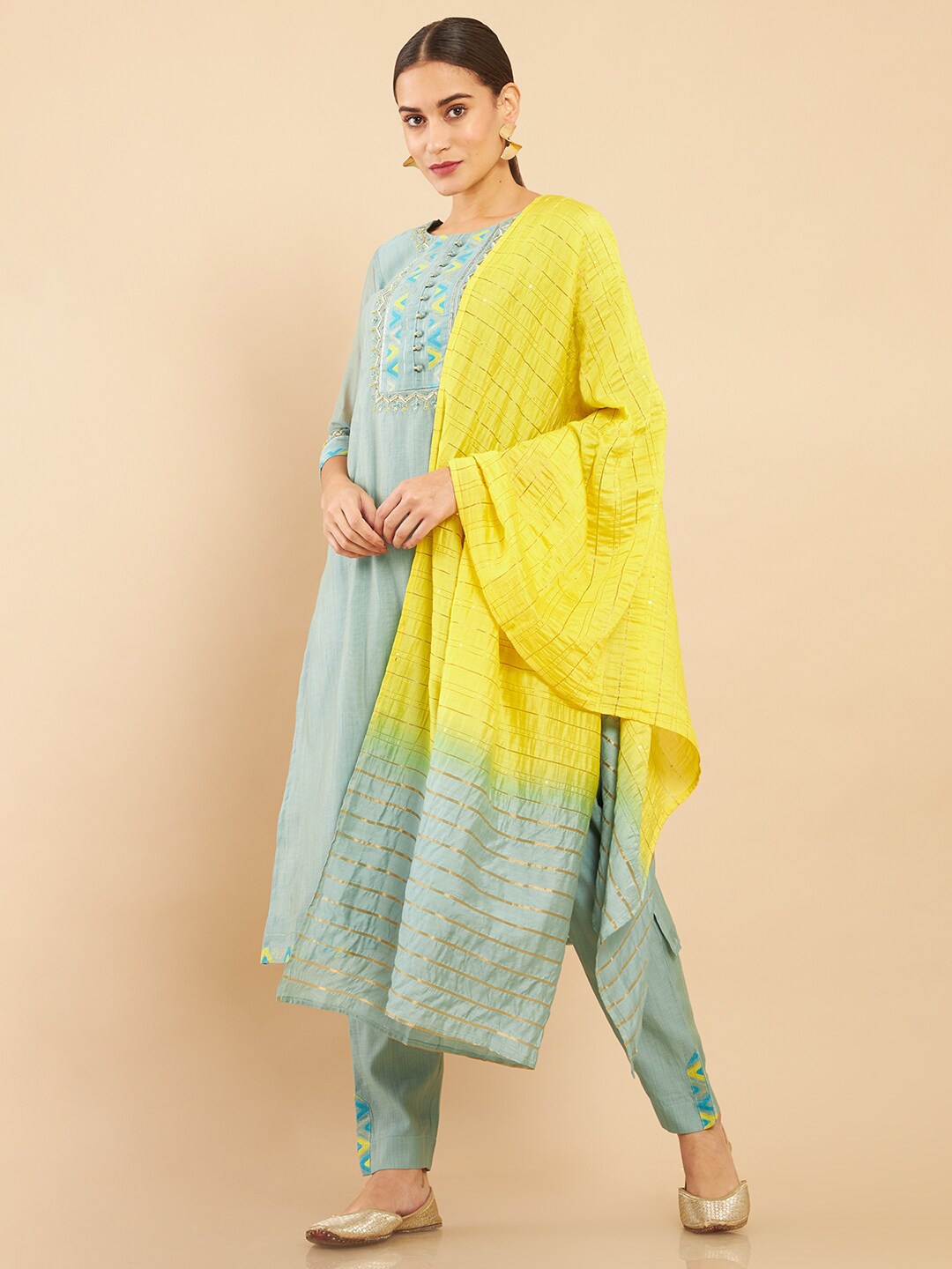 

Soch Women Blue & Yellow Printed Silk Kurta with Trousers