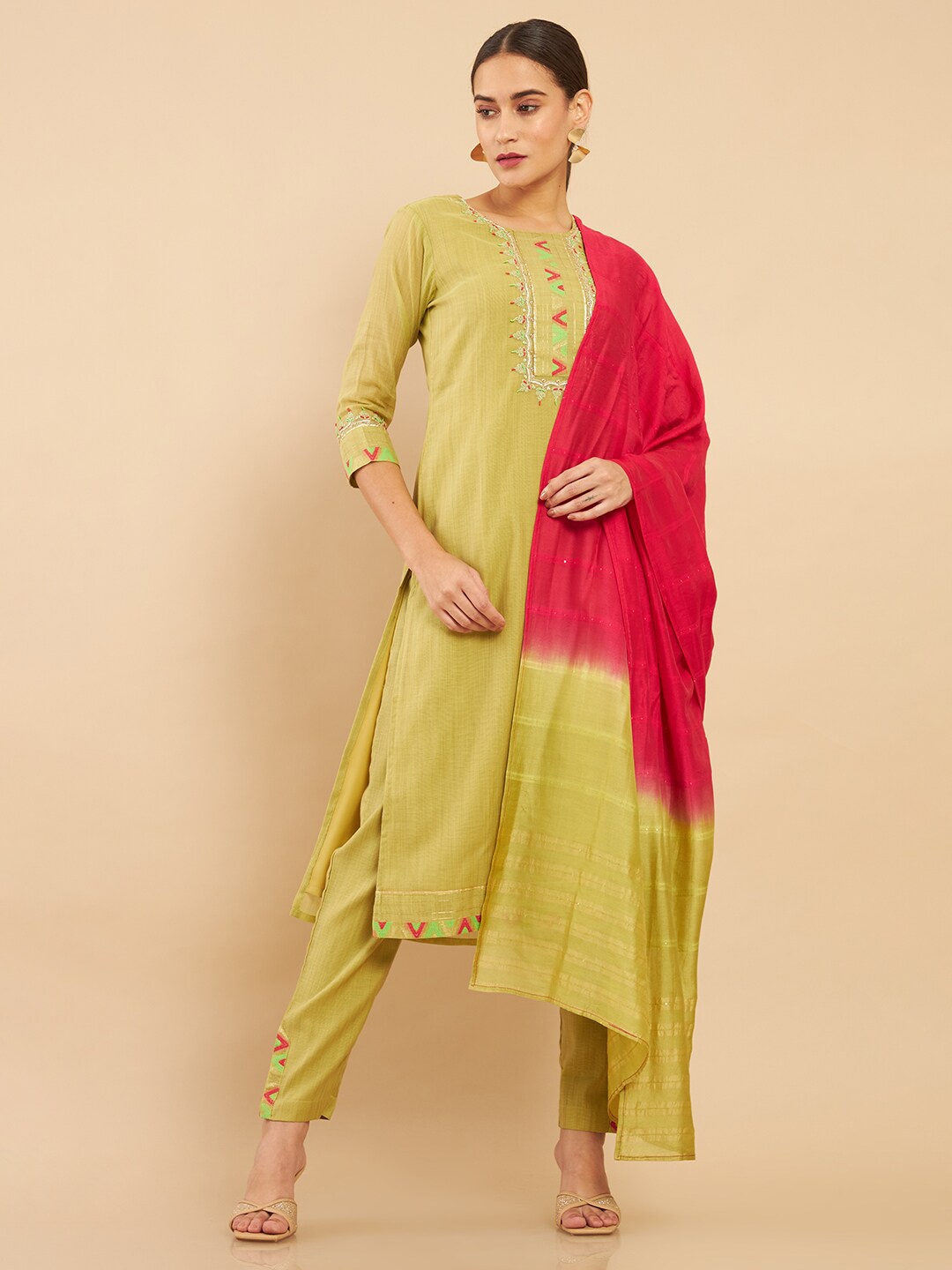 

Soch Women Green & Red Embroidered Silk Kurta with Trousers & Dupatta