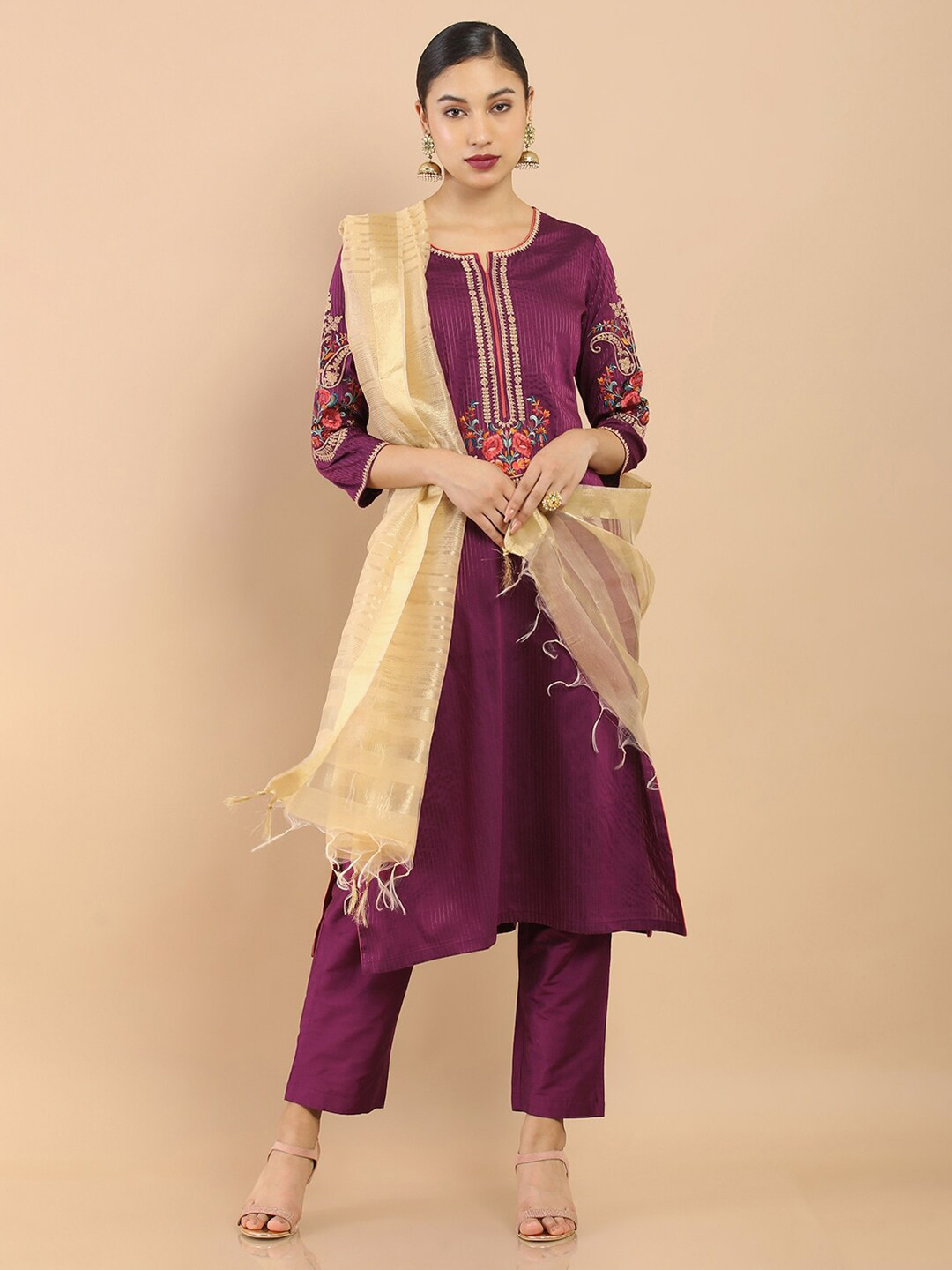 

Soch Women Wine Ethnic Motifs Embroidered Chanderi Kurta Set With Dupatta, Burgundy