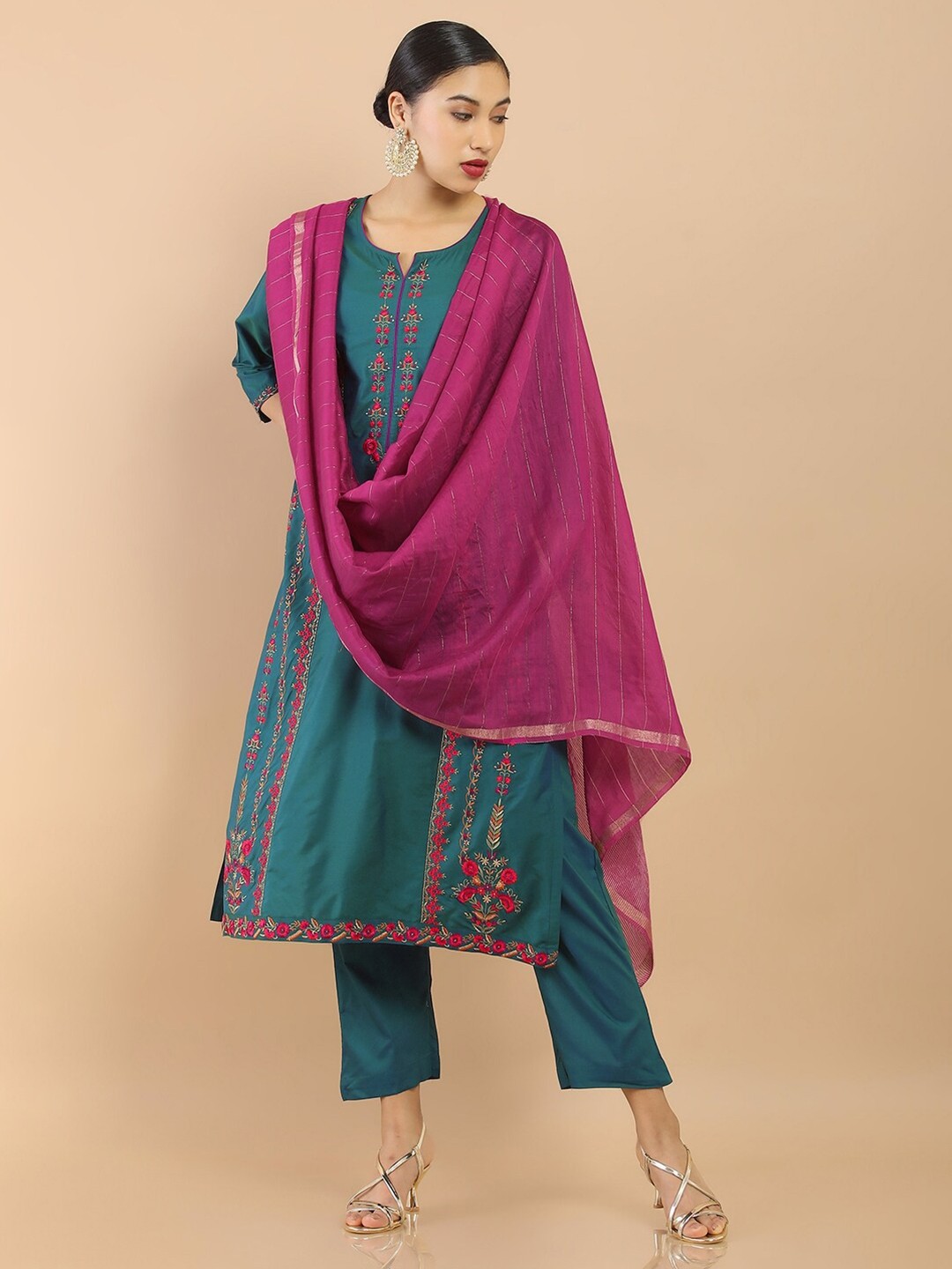

Soch Women Teal Floral Embroidered Silk Kurta with Trousers & With Dupatta