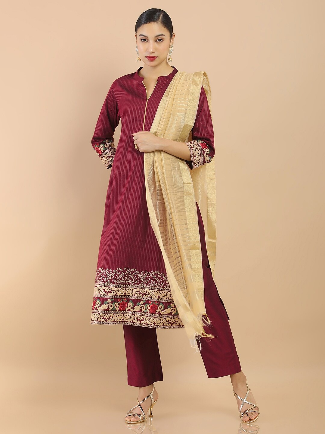 

Soch Women Maroon embroidered Chanderi Kurta with Trousers & With Dupatta