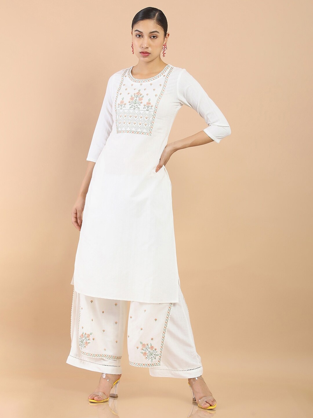 

Soch Women White Floral Yoke Design Cotton Kurta with Palazzos