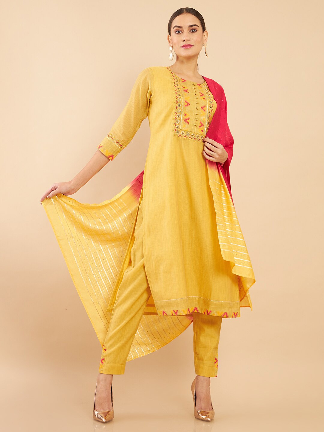 

Soch Women Yellow Yoke Design Silk Kurta with Trousers & With Dupatta