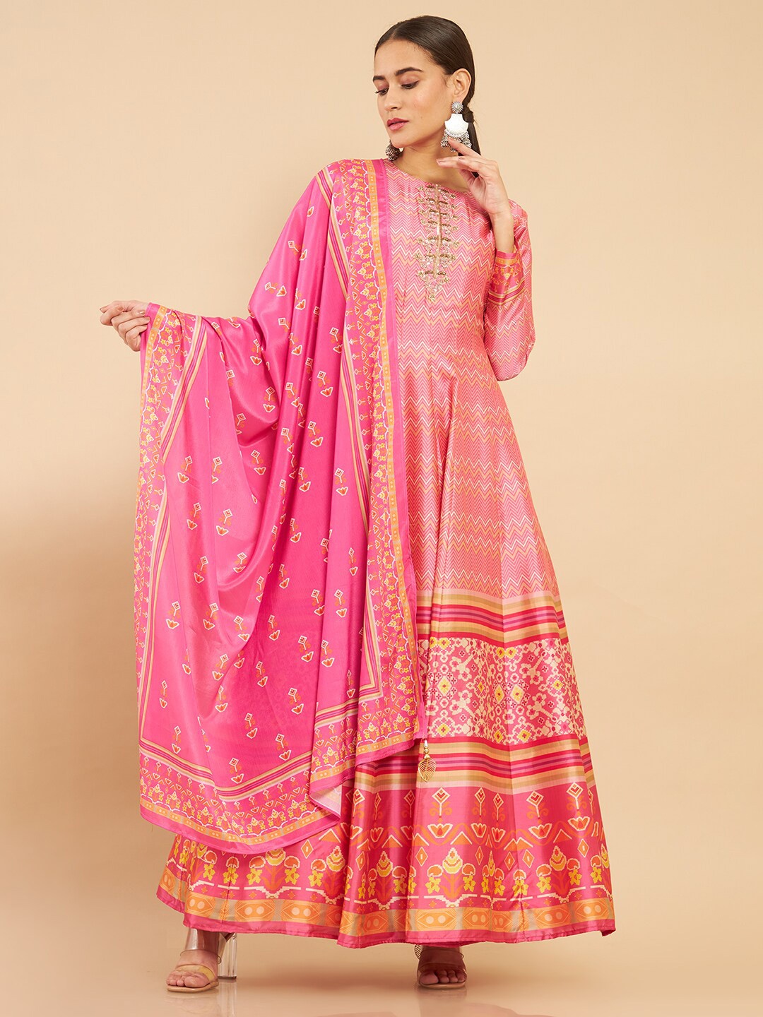 

Soch Fuchsia Printed Ethnic Motifs Silk Anarkali Kurta With Dupatta