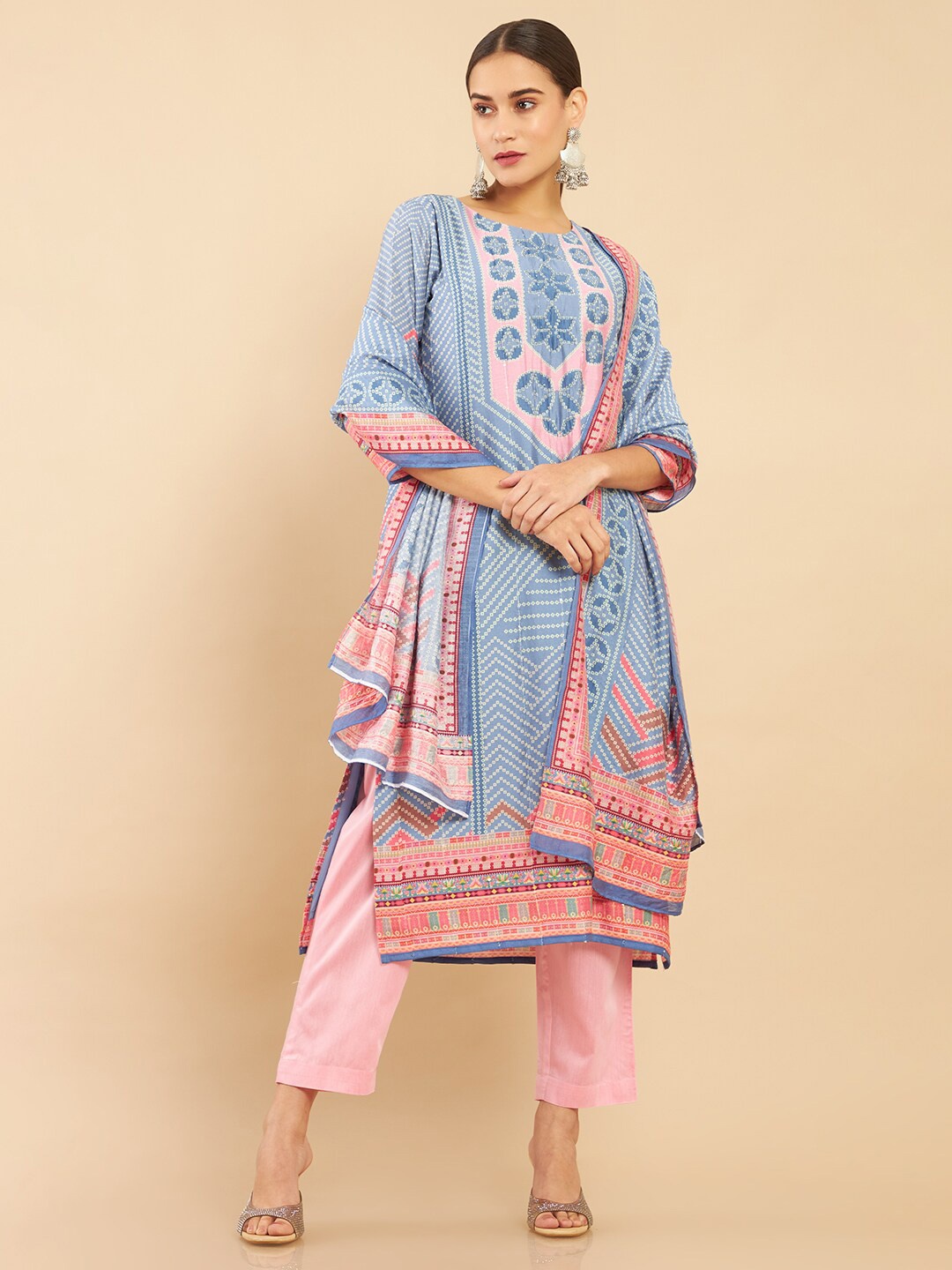 

Soch Women Blue & Pink Chanderi Bandhani Printed Kurta with Trousers & Dupatta