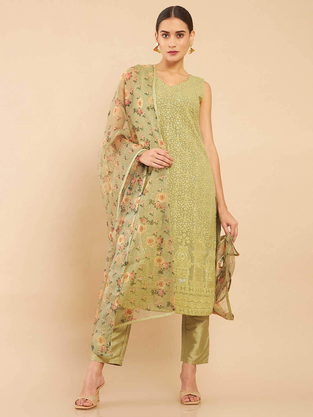 

Soch Women Green Ethnic Motifs Embroidered Chikankari Georgette Kurta Set