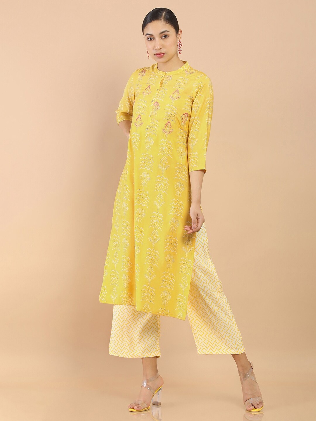 

Soch Women Mustard Yellow Floral Printed Sequin Embellished Chanderi Botanical Kurta Set