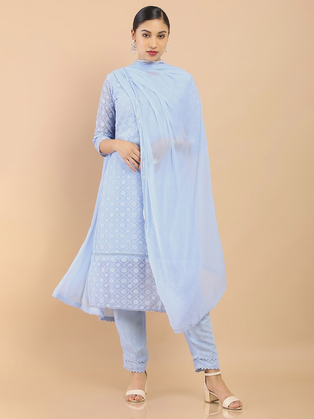 

Soch Women Blue Embroidered Chikankari Kurta With Trousers & Dupatta