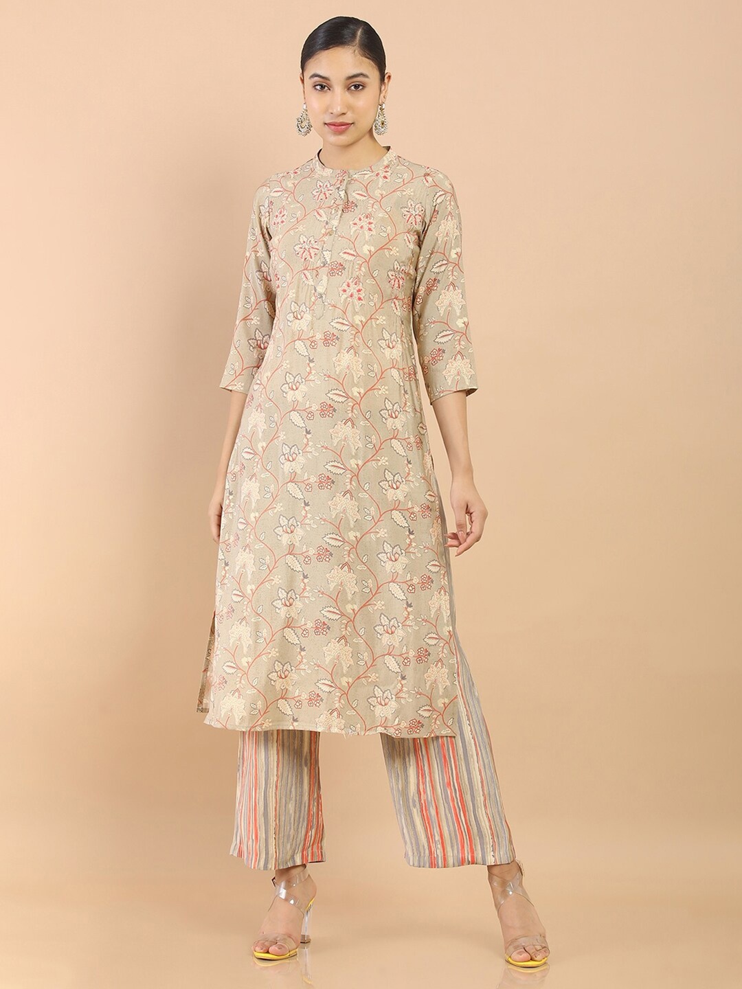 

Soch Women Floral Printed Beads and Stones Kurta with Trousers, Beige