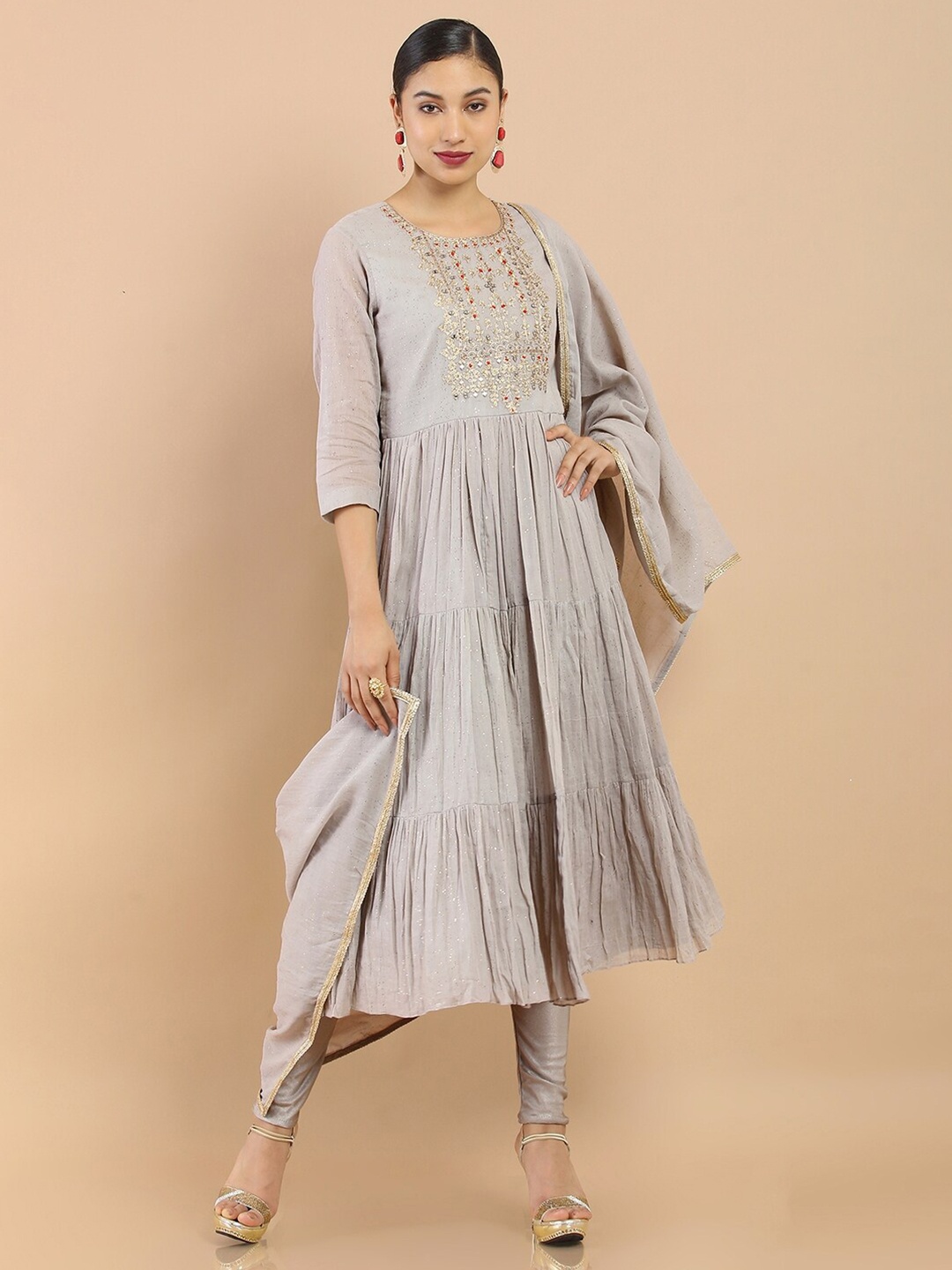 

Soch Women Taupe Glitter Print Empire Zardozi Tiered Kurta With Dupatta