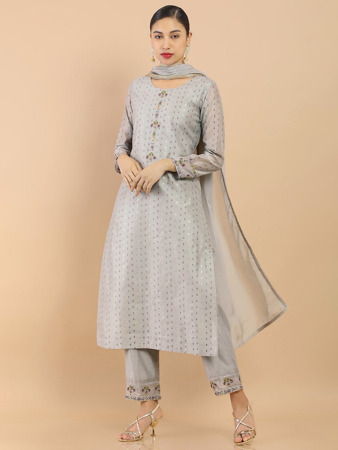 

Soch Women Grey Floral Printed Chanderi Kurta with Trousers & With Dupatta
