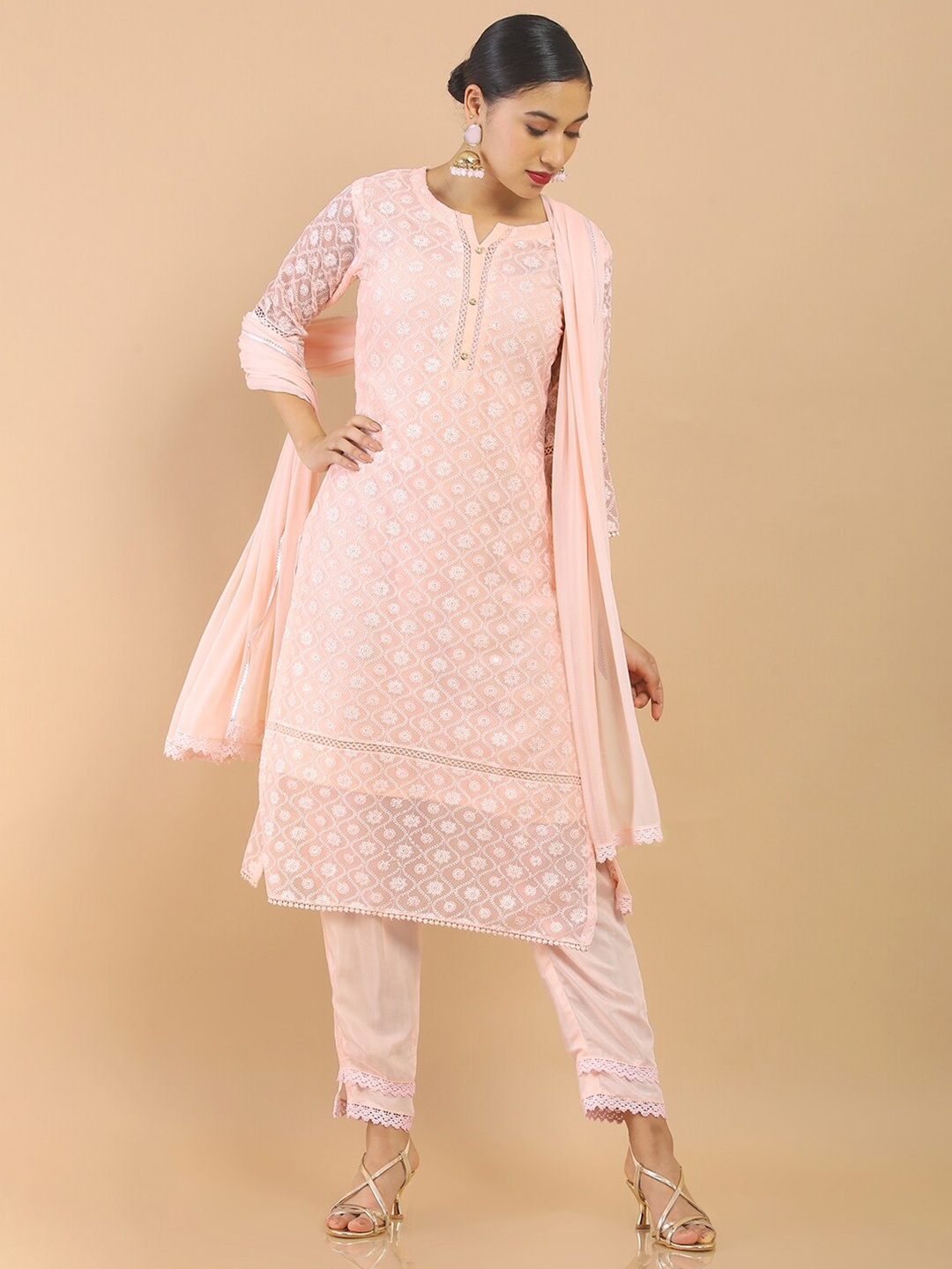 

Soch Women Pink Printed Georgette Kurta with Churidar & With Dupatta