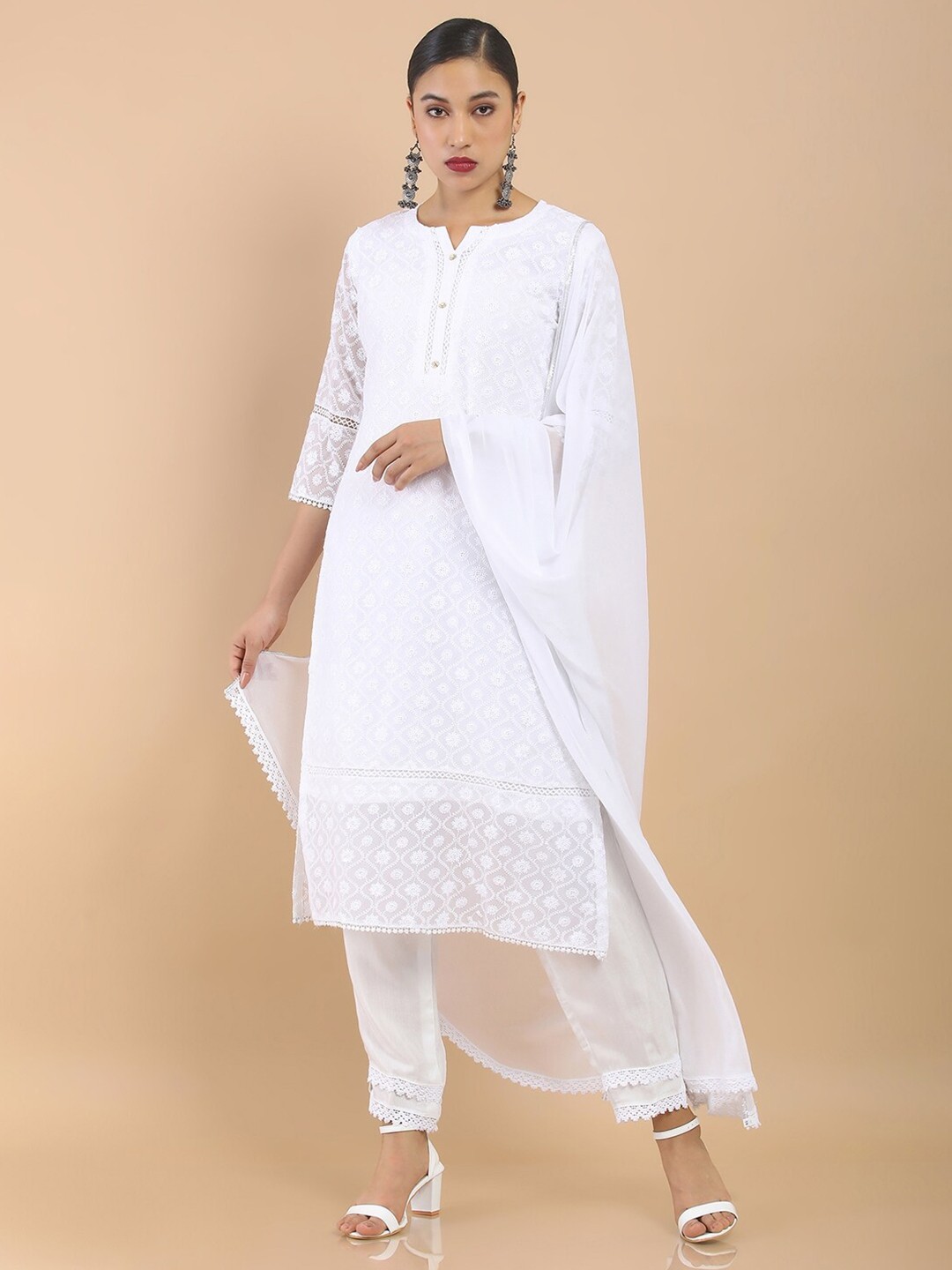 

Soch Women White Georgette Chikankari Embroidered Kurta Set With Dupatta