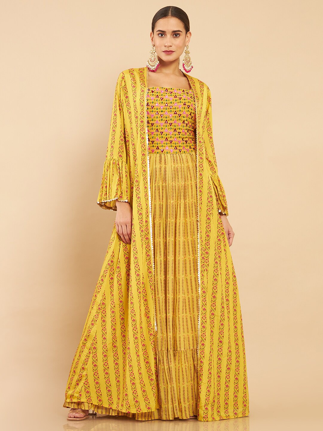 

Soch Women Yellow Printed Thread Work Jacket Style Art Silk Kurta with Churidar