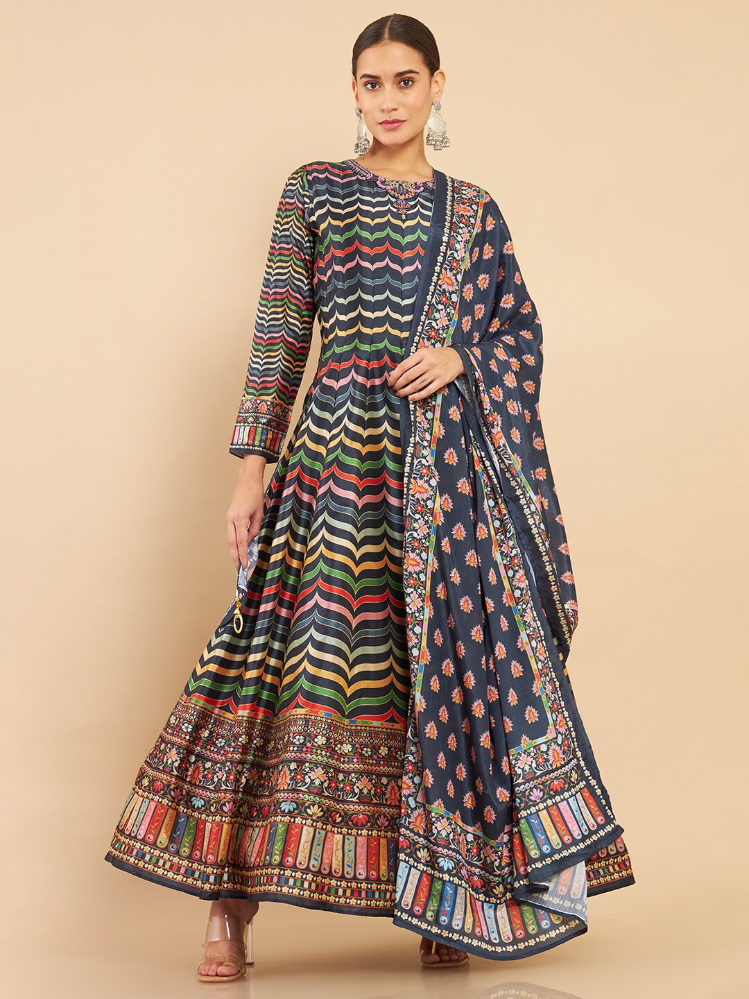 

Soch Blue Silk Multicolour Printed Ethnic Maxi Dress