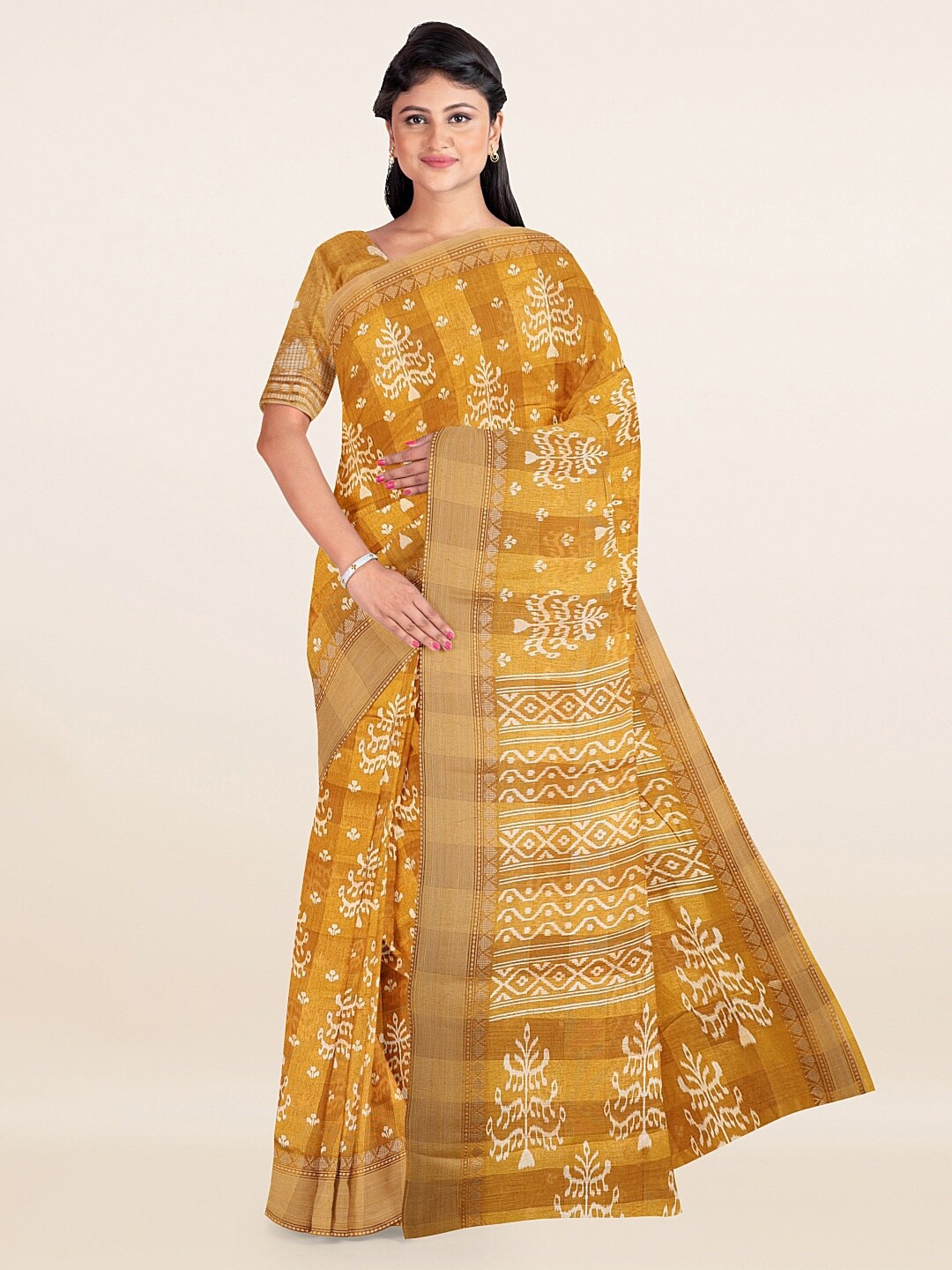 

Pothys Mustard & White Ethnic Motifs Zari Saree