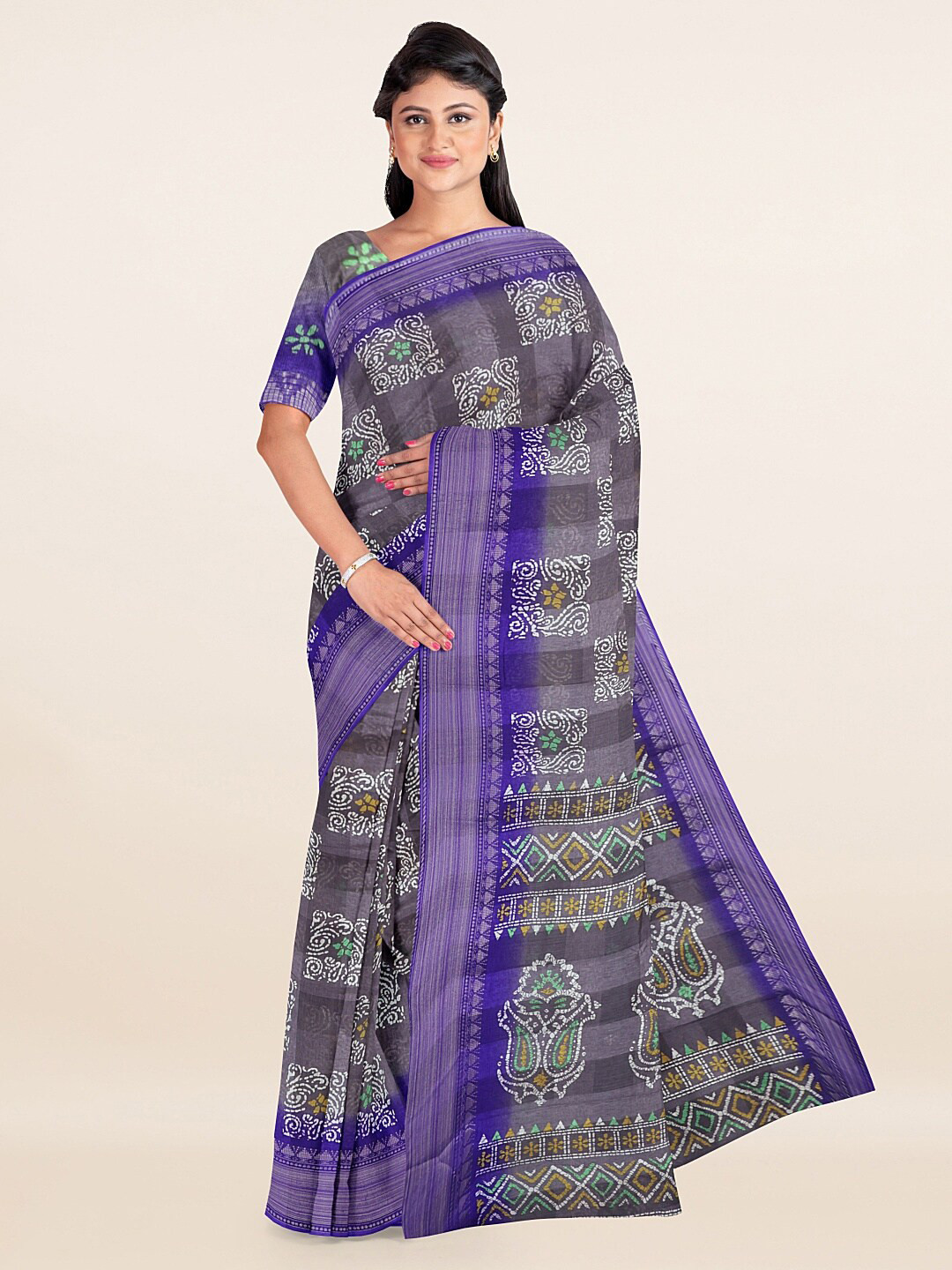 

Pothys Grey Ethnic Motifs Printed Cotton Blend Saree