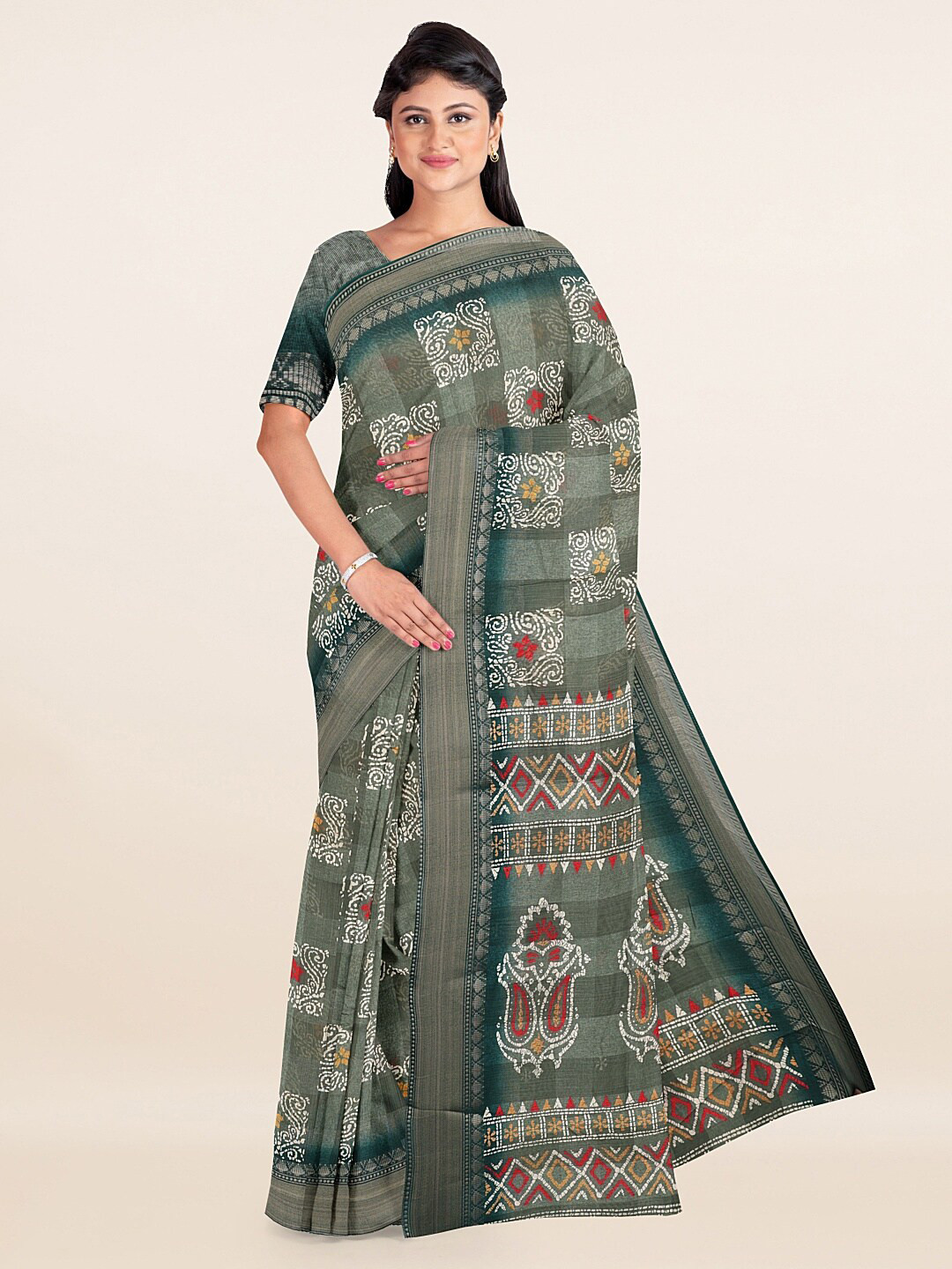 

Pothys Green & White Ethnic Motifs Saree