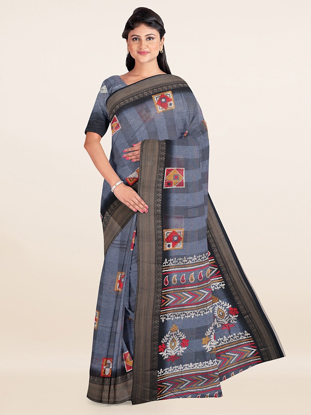 

Pothys Grey & Black Ethnic Motifs Printed Saree