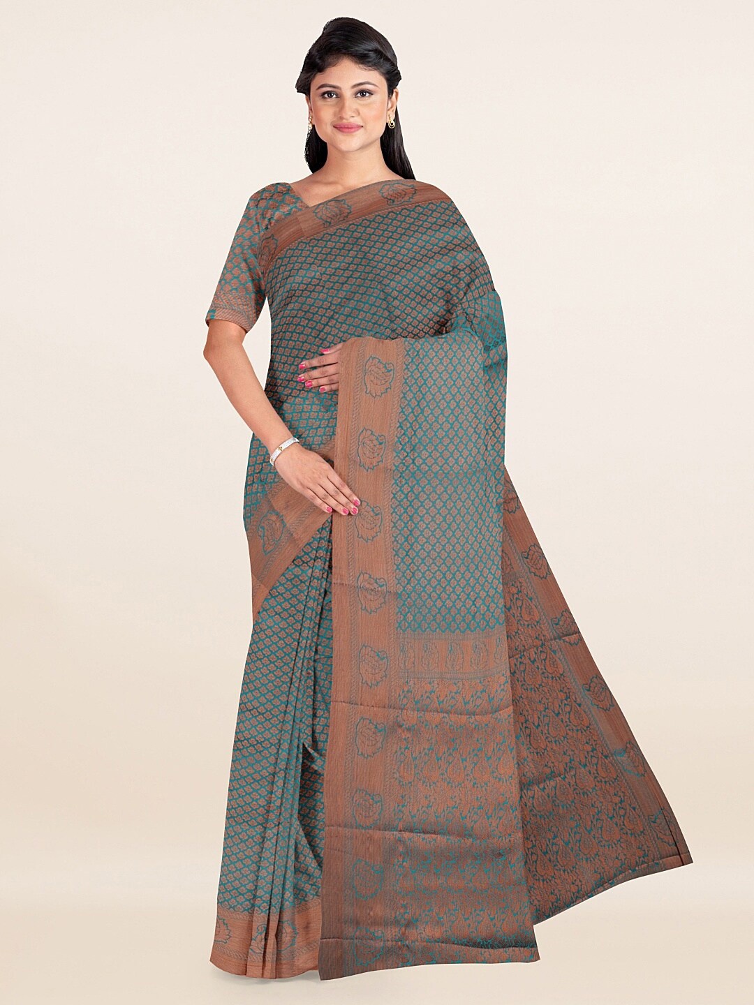 

Pothys Teal & Copper-Toned Woven Design Saree