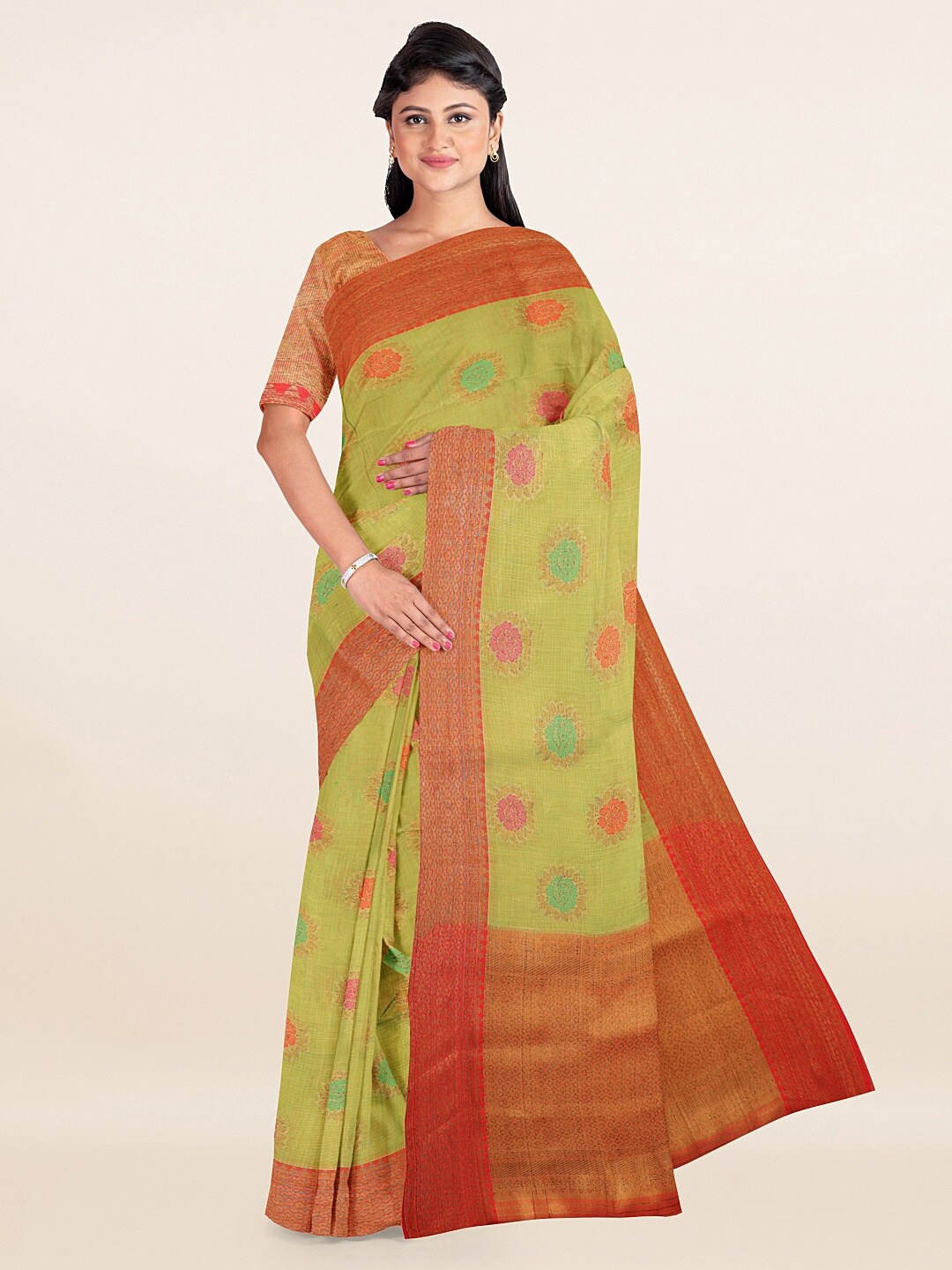 

Pothys Green & Orange Ethnic Motifs Woven Zari Saree