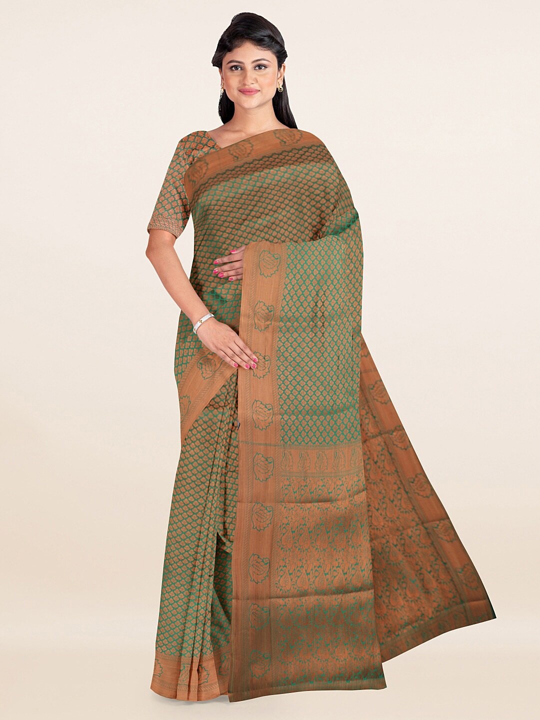 

Pothys Green & Copper-Toned Woven Design Zari Saree