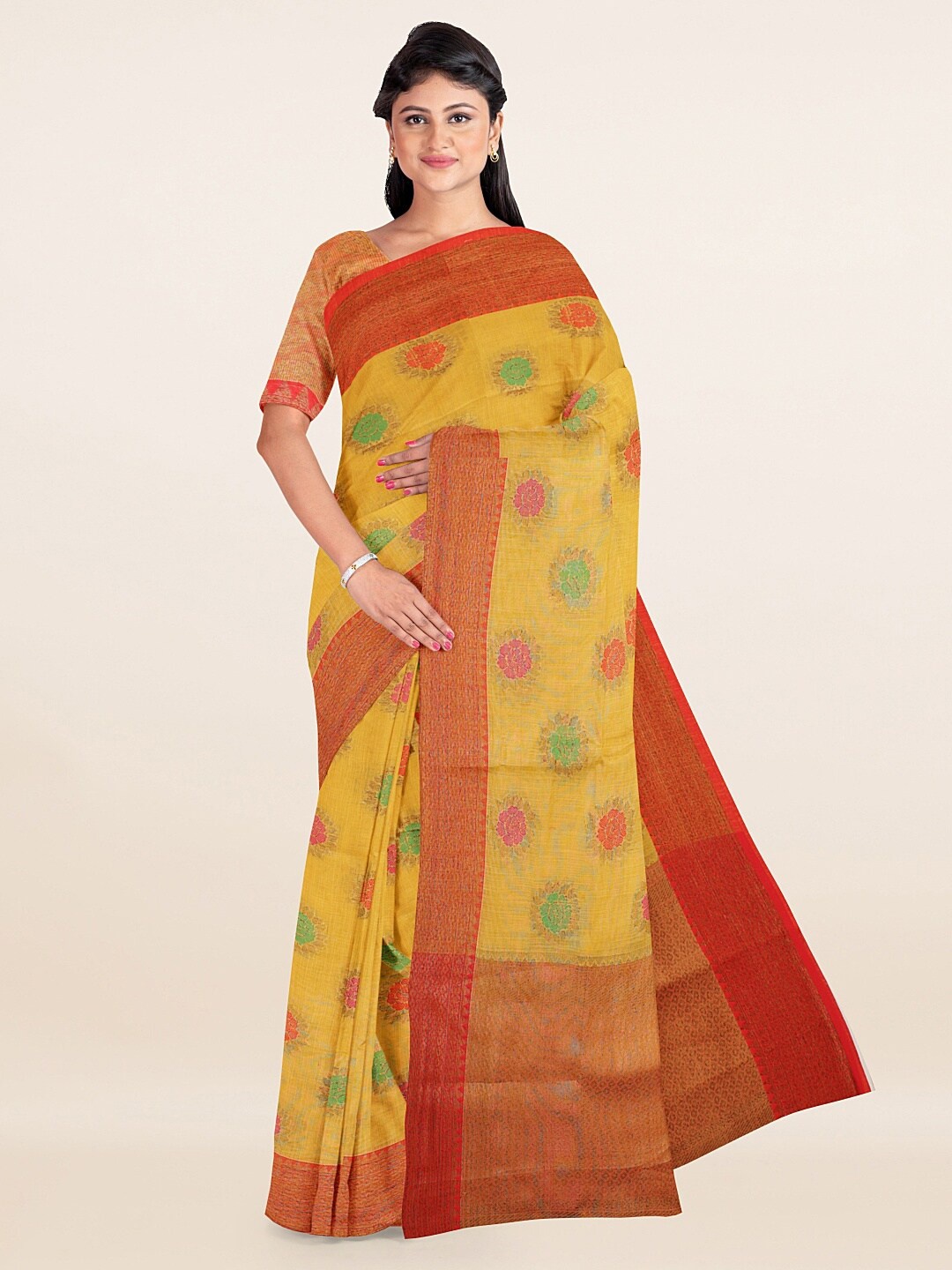 

Pothys Mustard & Red Floral Zari Saree